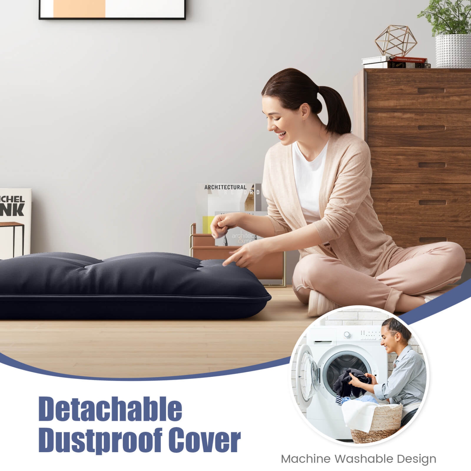 Matelas de futon japonais de Costway pour lit simple/grand lit Housse lavable Sac de transport noir