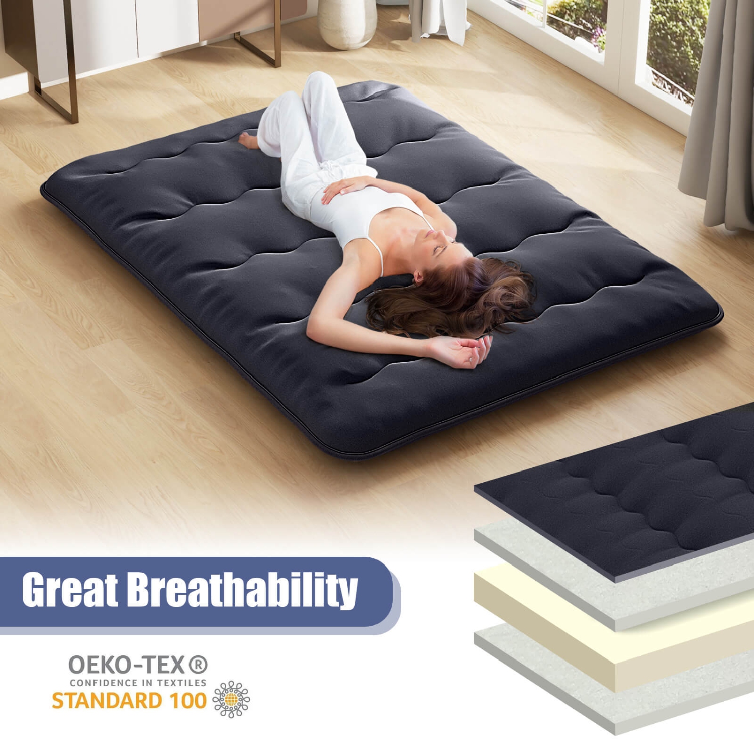 Costway Twin/Queen Futon Mattress Japanese Floor Sleeping Pad Washable Cover Carry Bag Black