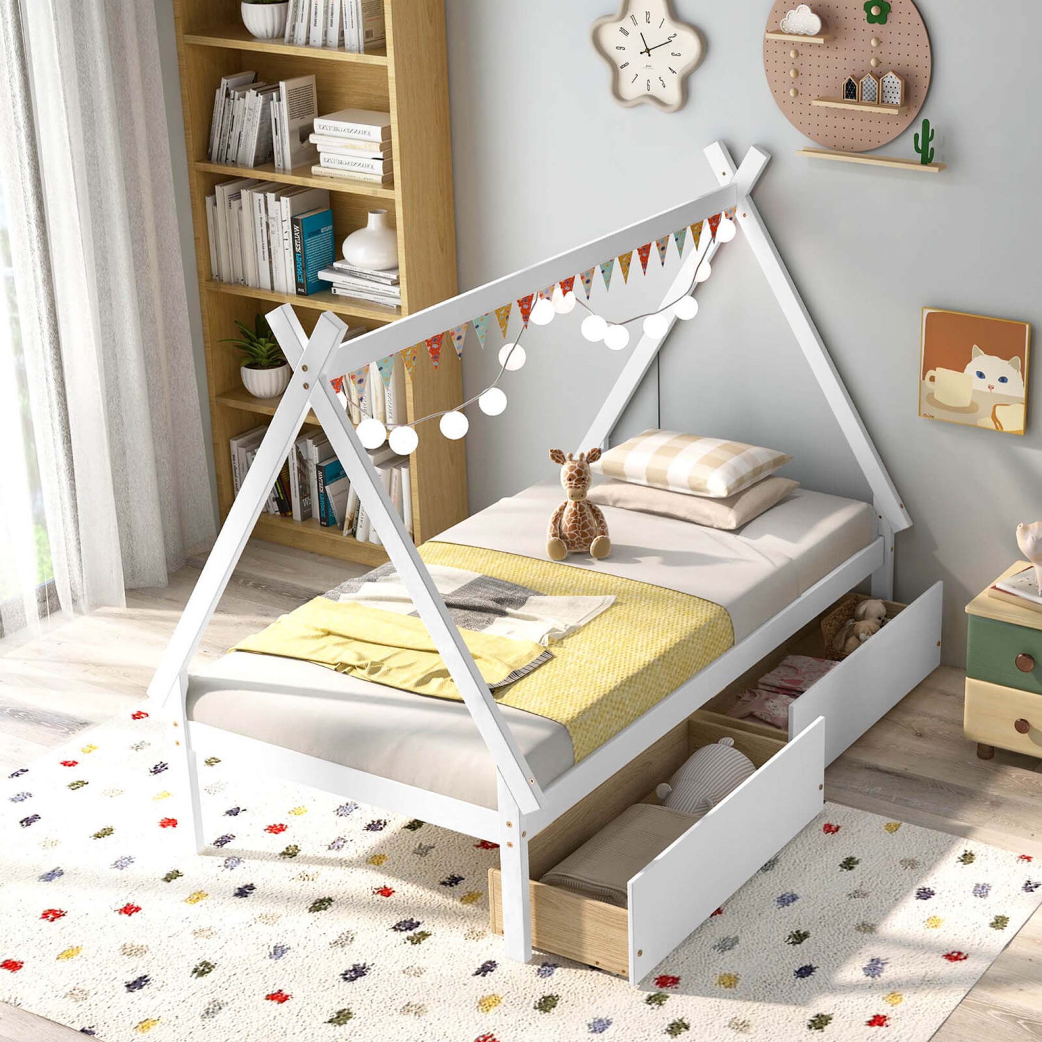 Lit de maison en bois de Costway pour garçons et filles, lit 1 place, avec 2 tiroirs de rangement sur le toit