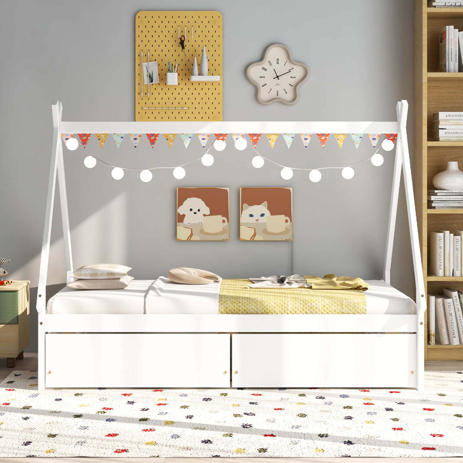 Lit de maison en bois de Costway pour garçons et filles, lit 1 place, avec 2 tiroirs de rangement sur le toit