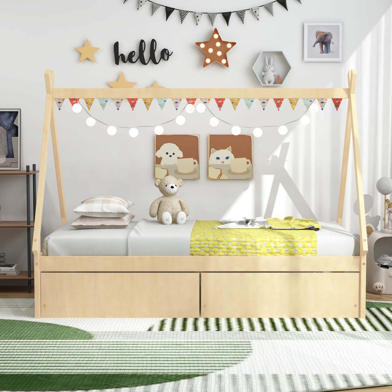 Lit de maison en bois de Costway pour garçons et filles, lit 1 place, avec 2 tiroirs de rangement sur le toit