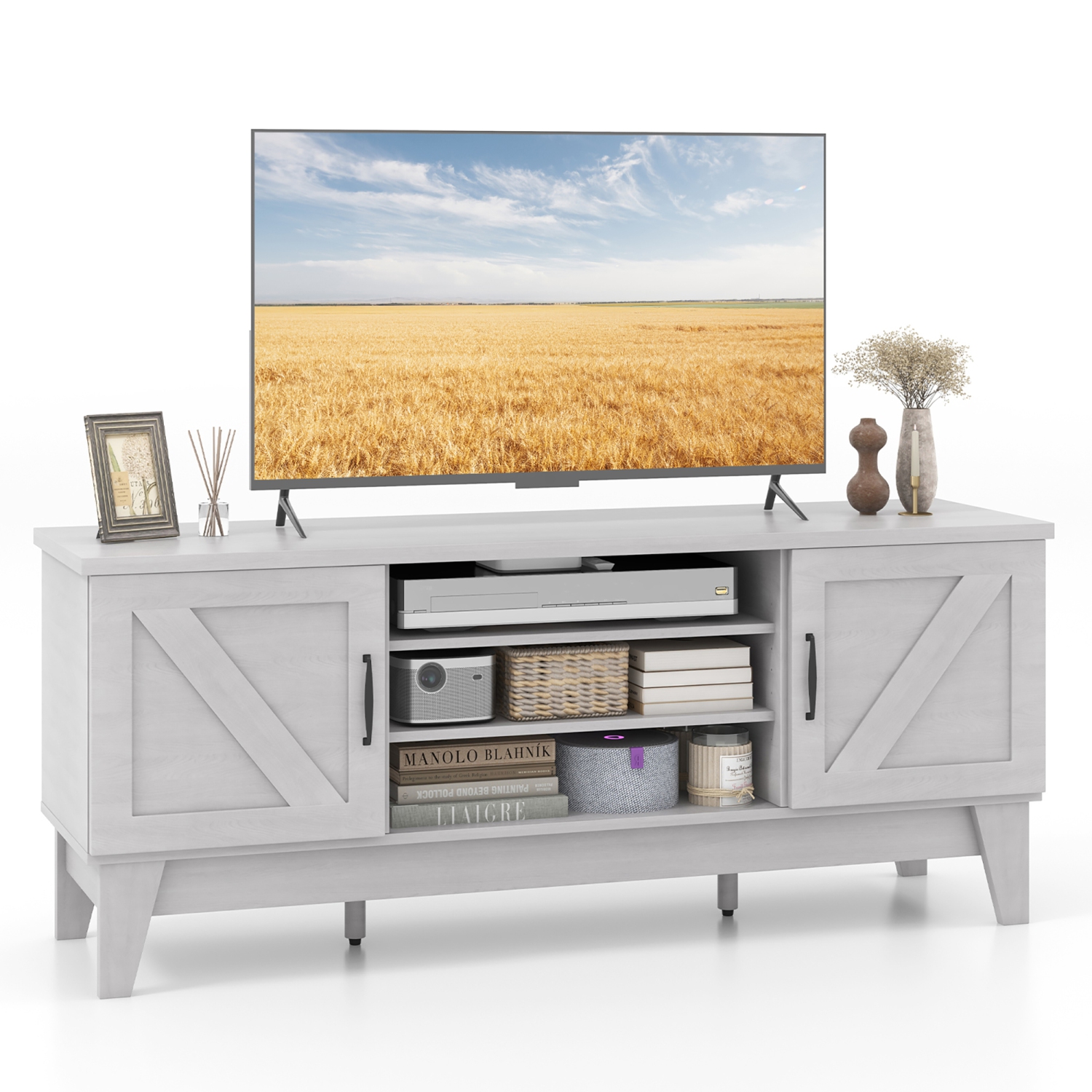 Gymax Farmhouse TV Stand for TVs Up to 65 Inches w/ 2 Barn Door Cabinets & 4 Shelves
