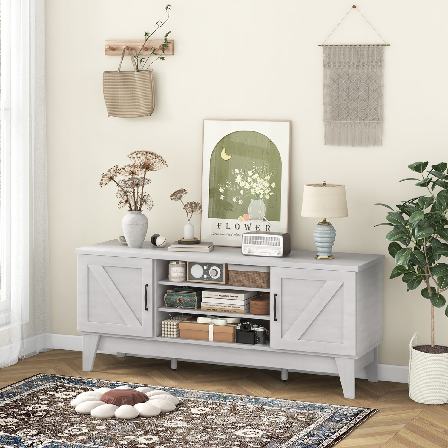 Gymax Farmhouse TV Stand for TVs Up to 65 Inches w/ 2 Barn Door Cabinets & 4 Shelves