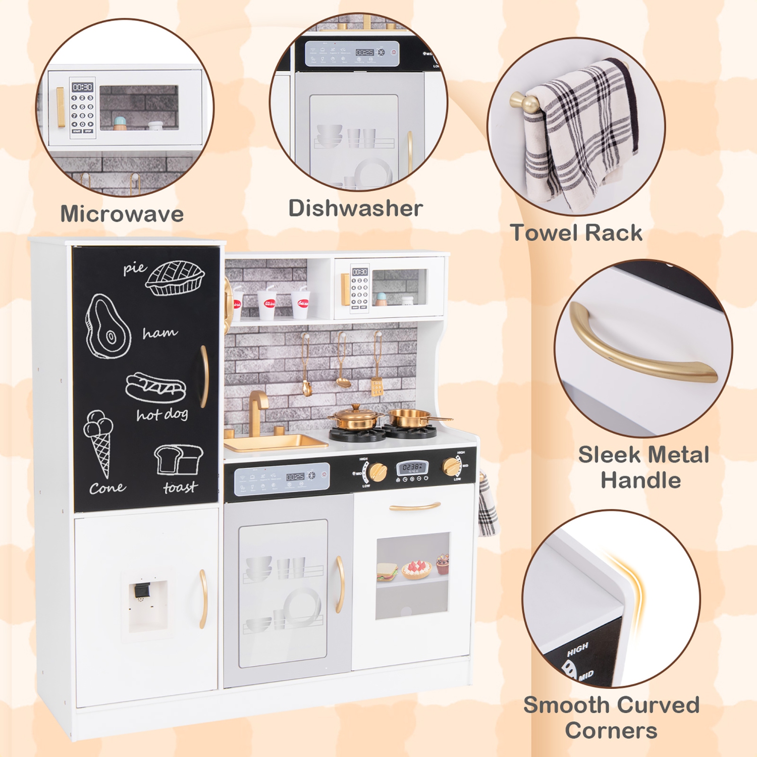 Gymax Play Kitchen Toy Set w/ Chalkboard Oven Sink Curtain Microwave Water Dispenser