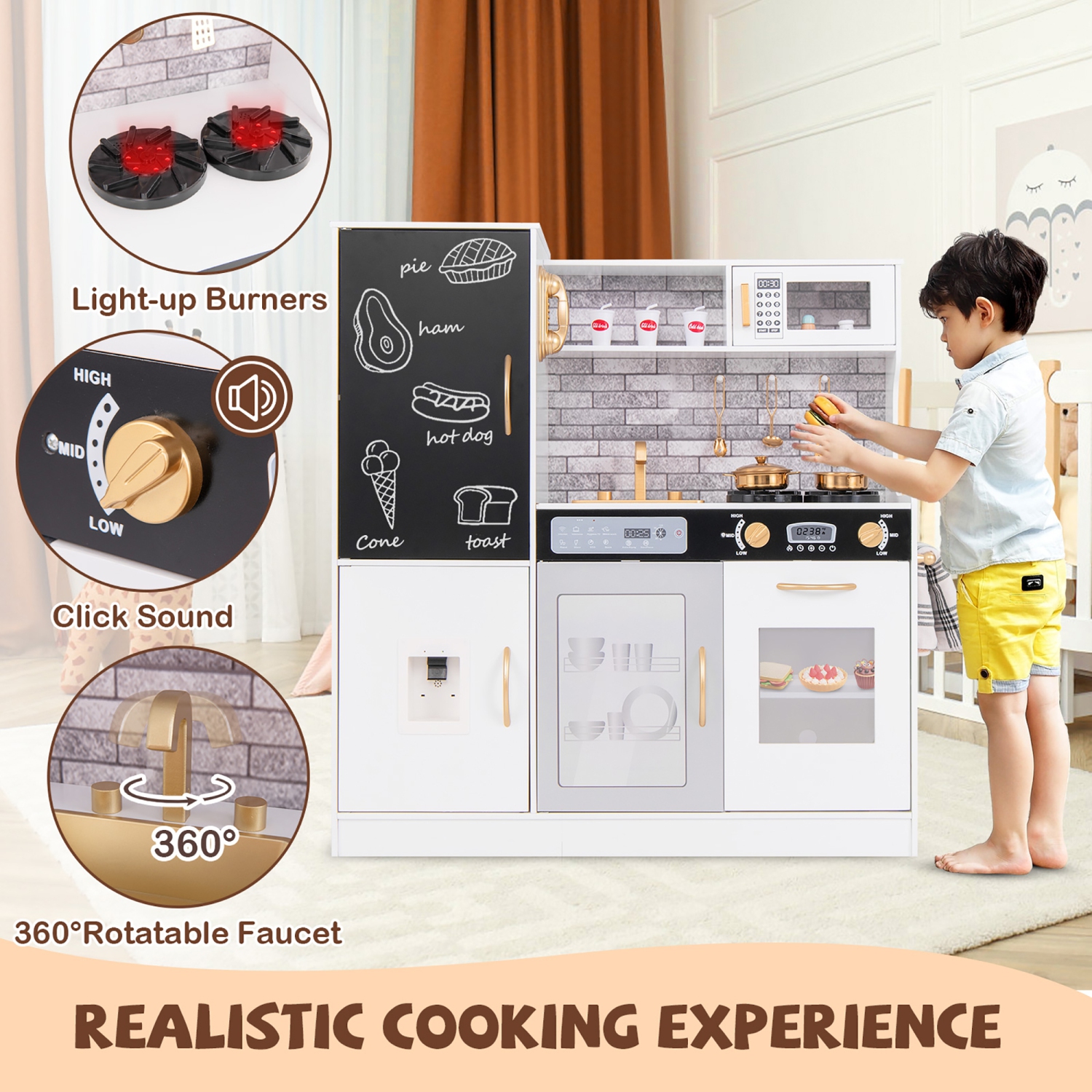 Gymax Play Kitchen Toy Set w/ Chalkboard Oven Sink Curtain Microwave Water Dispenser