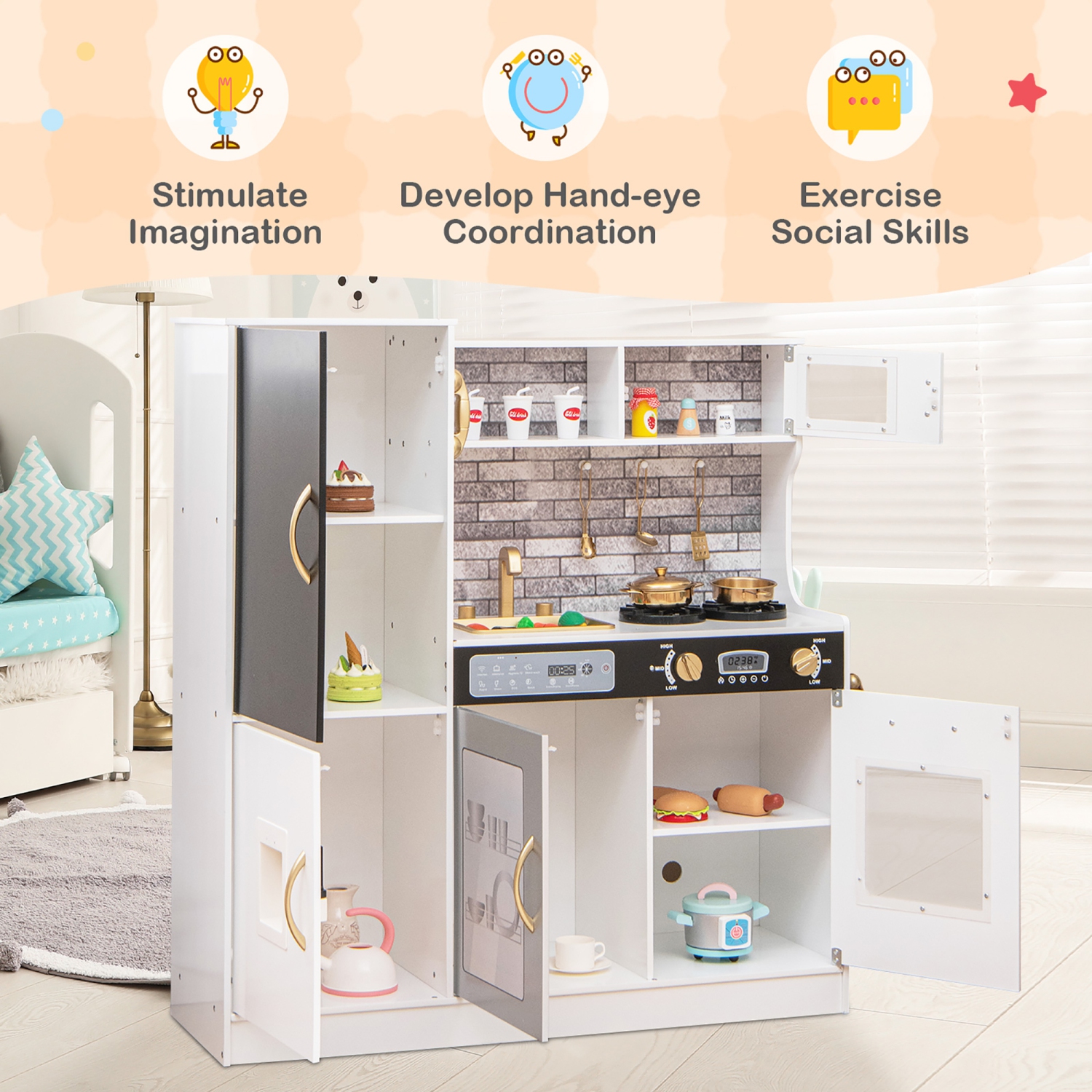 Gymax Play Kitchen Toy Set w/ Chalkboard Oven Sink Curtain Microwave Water Dispenser