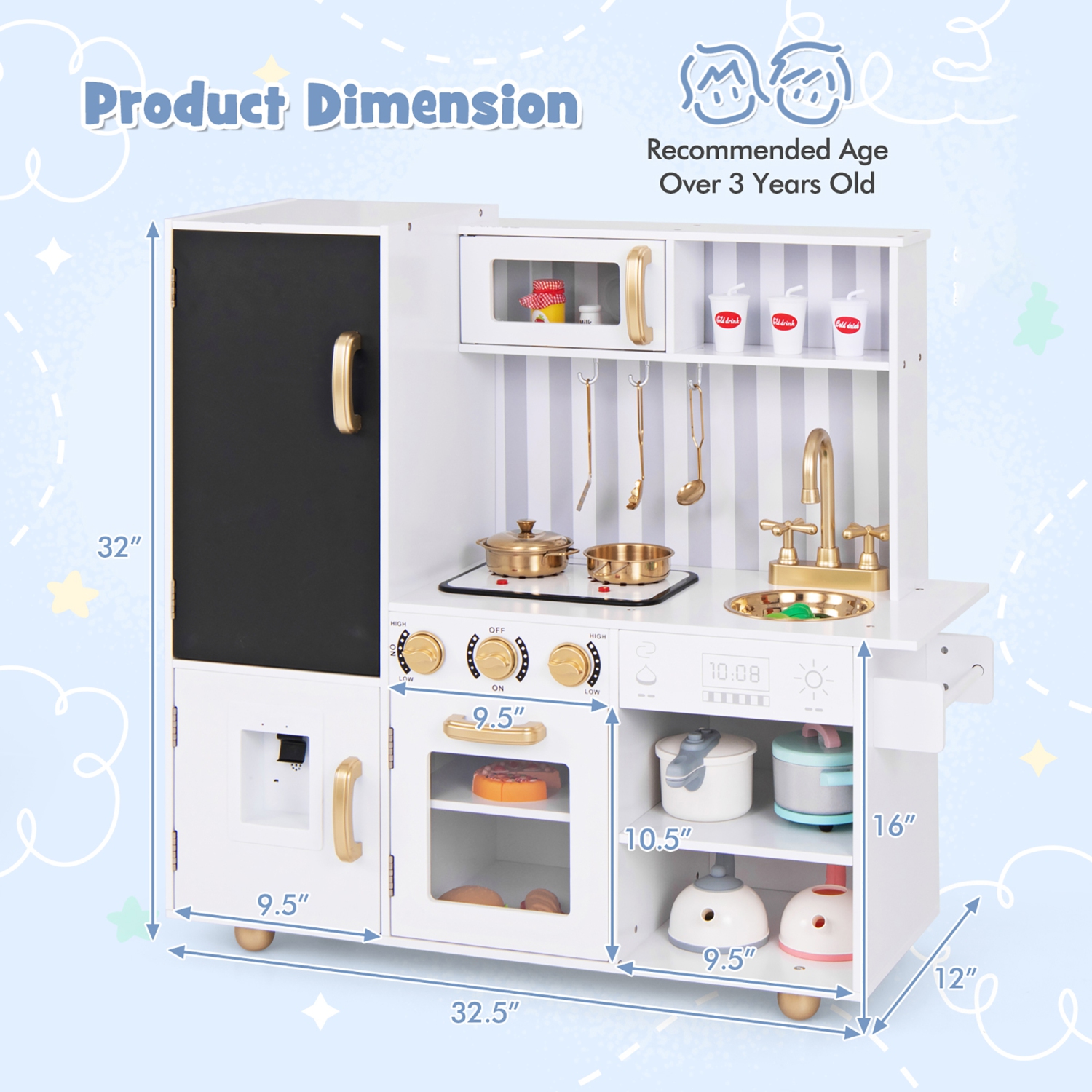 Gymax Play Kitchen Toy Set w/ Chalkboard Oven Sink Faucet Stove Water Dispenser