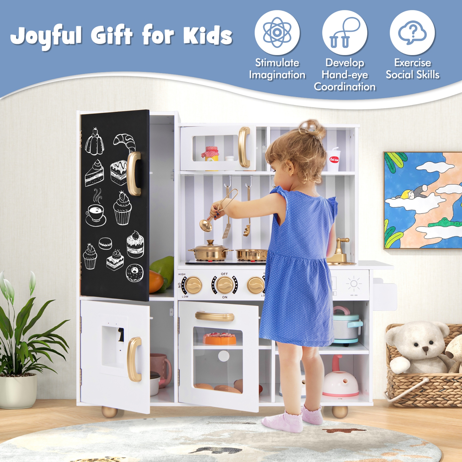 Gymax Play Kitchen Toy Set w/ Chalkboard Oven Sink Faucet Stove Water Dispenser