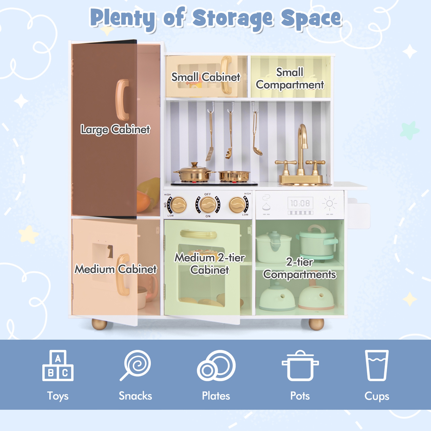 Gymax Play Kitchen Toy Set w/ Chalkboard Oven Sink Faucet Stove Water Dispenser