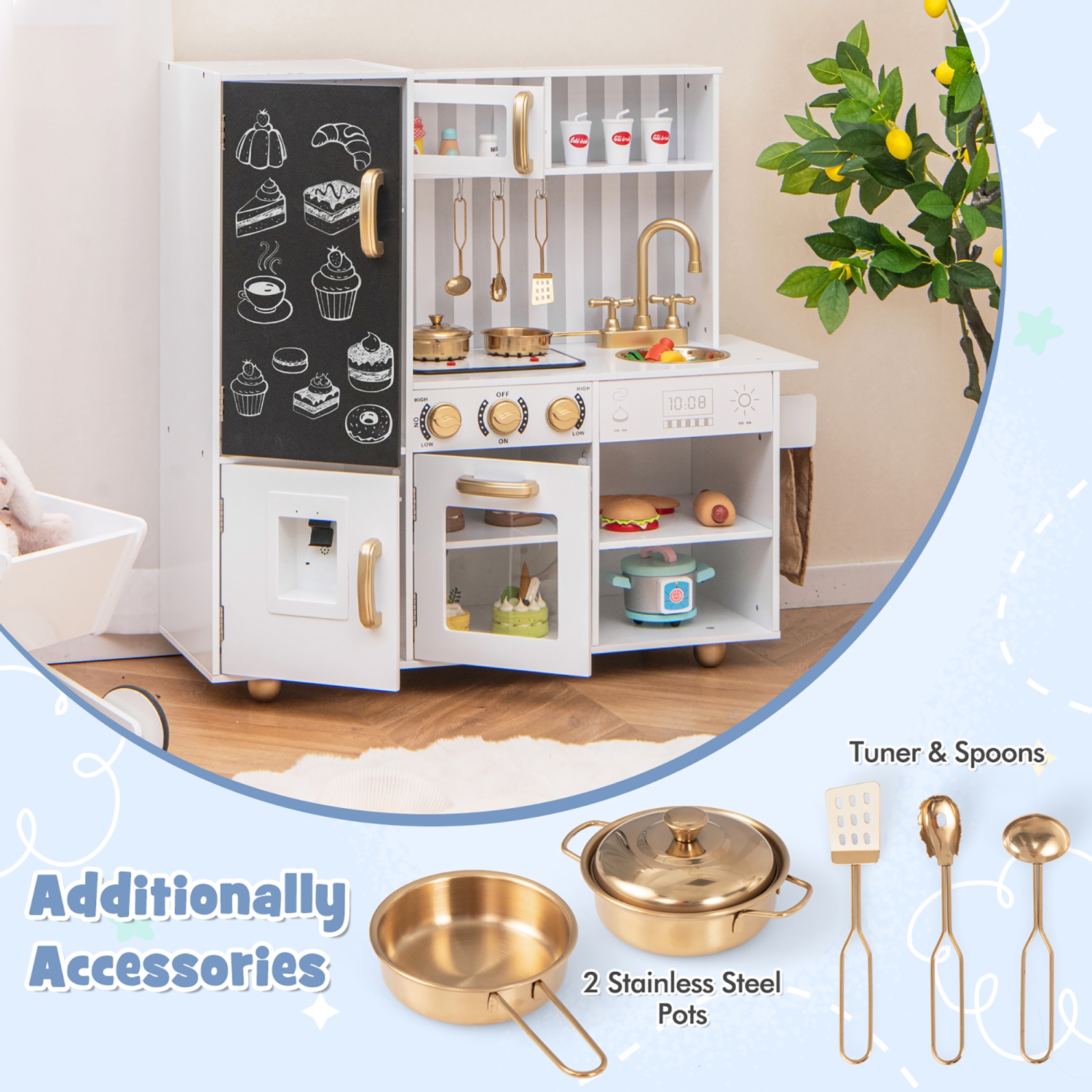 Gymax Play Kitchen Toy Set w/ Chalkboard Oven Sink Faucet Stove Water Dispenser