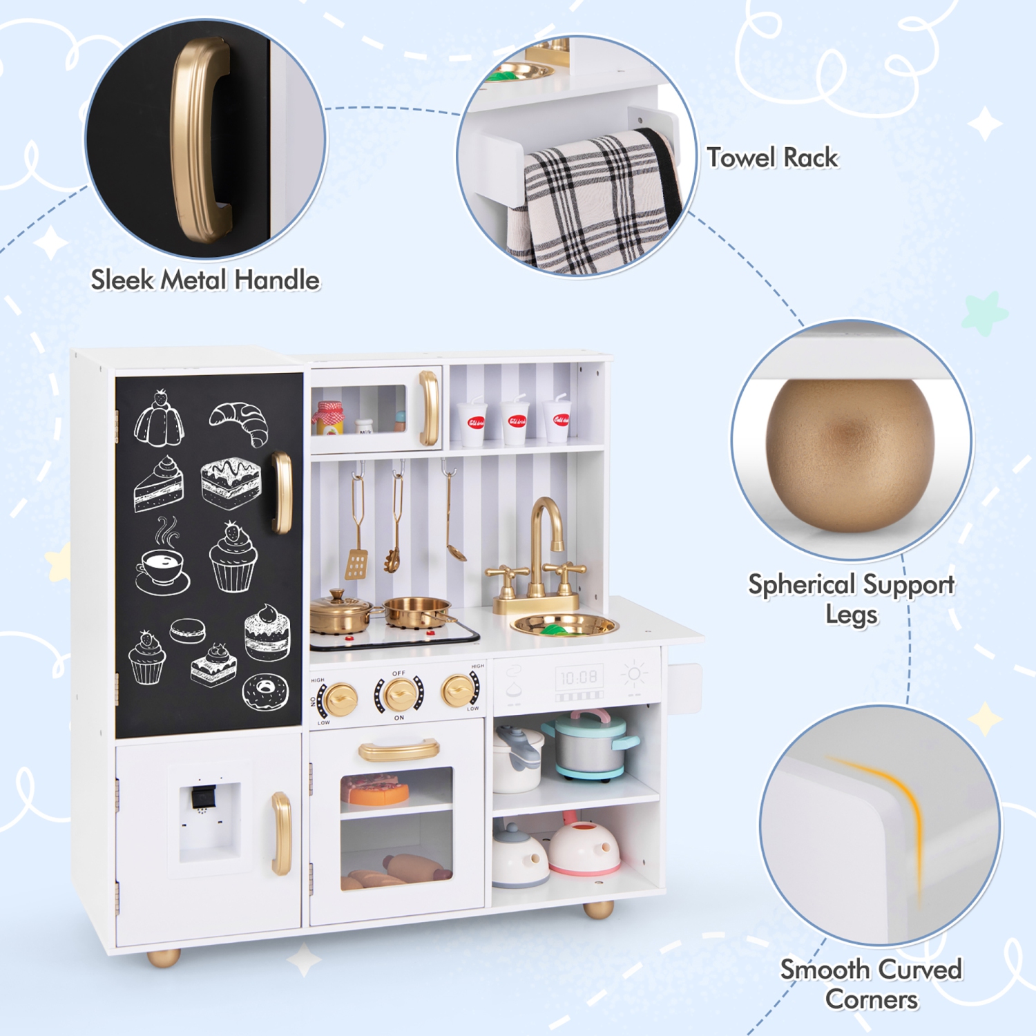 Gymax Play Kitchen Toy Set w/ Chalkboard Oven Sink Faucet Stove Water Dispenser