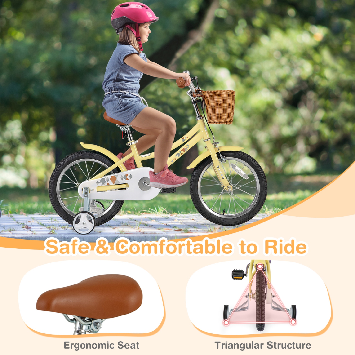 Gymax 16'' Kids Bike w/ Height Adjustable Handlebar Seat Basket Bell Training Wheels