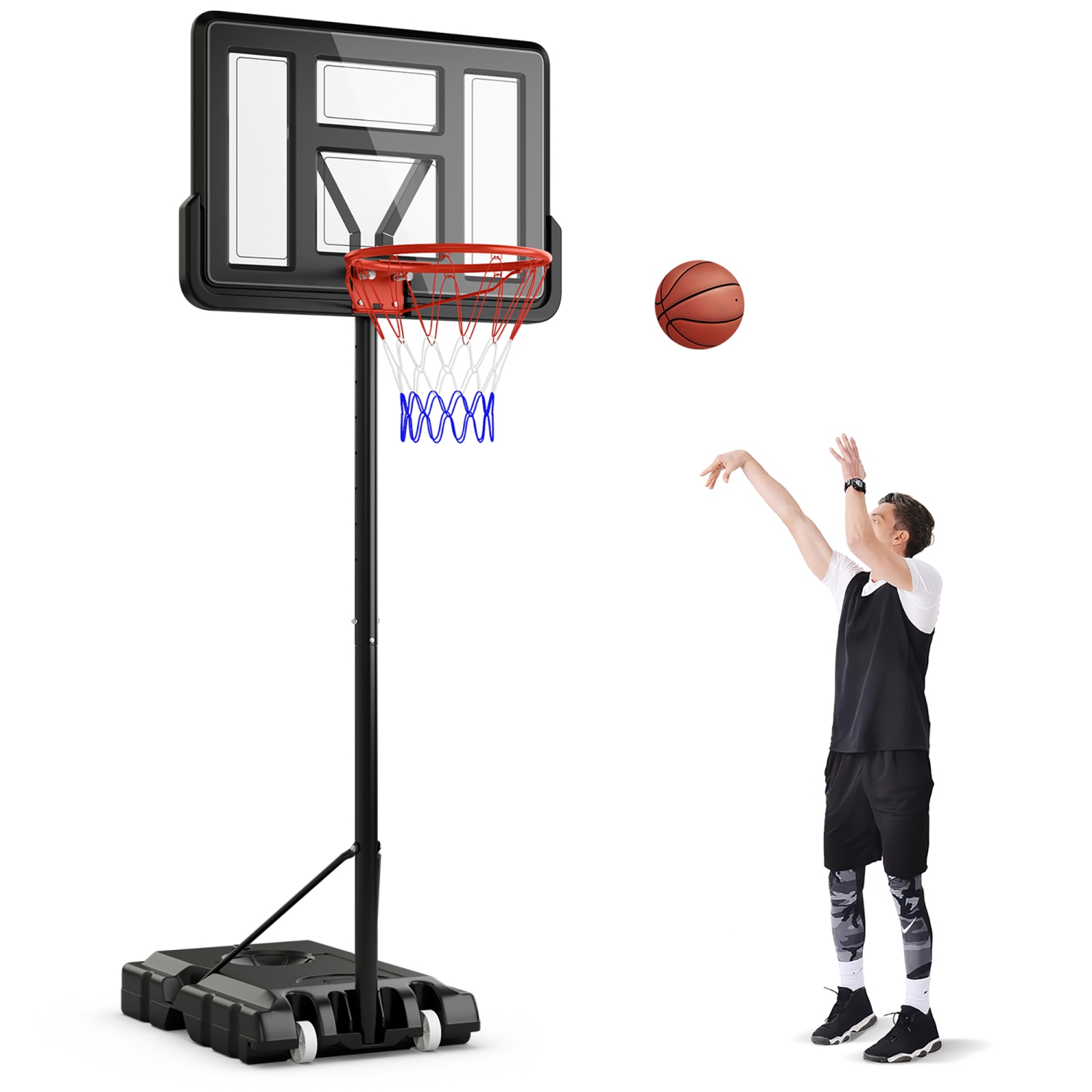 Gymax 4.4-10 FT Portable Basketball Hoop w/ 44'' Shatterproof Backboard Fillable Base