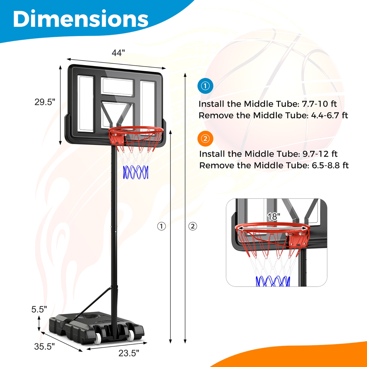 Gymax 4.4-10 FT Portable Basketball Hoop w/ 44'' Shatterproof Backboard Fillable Base