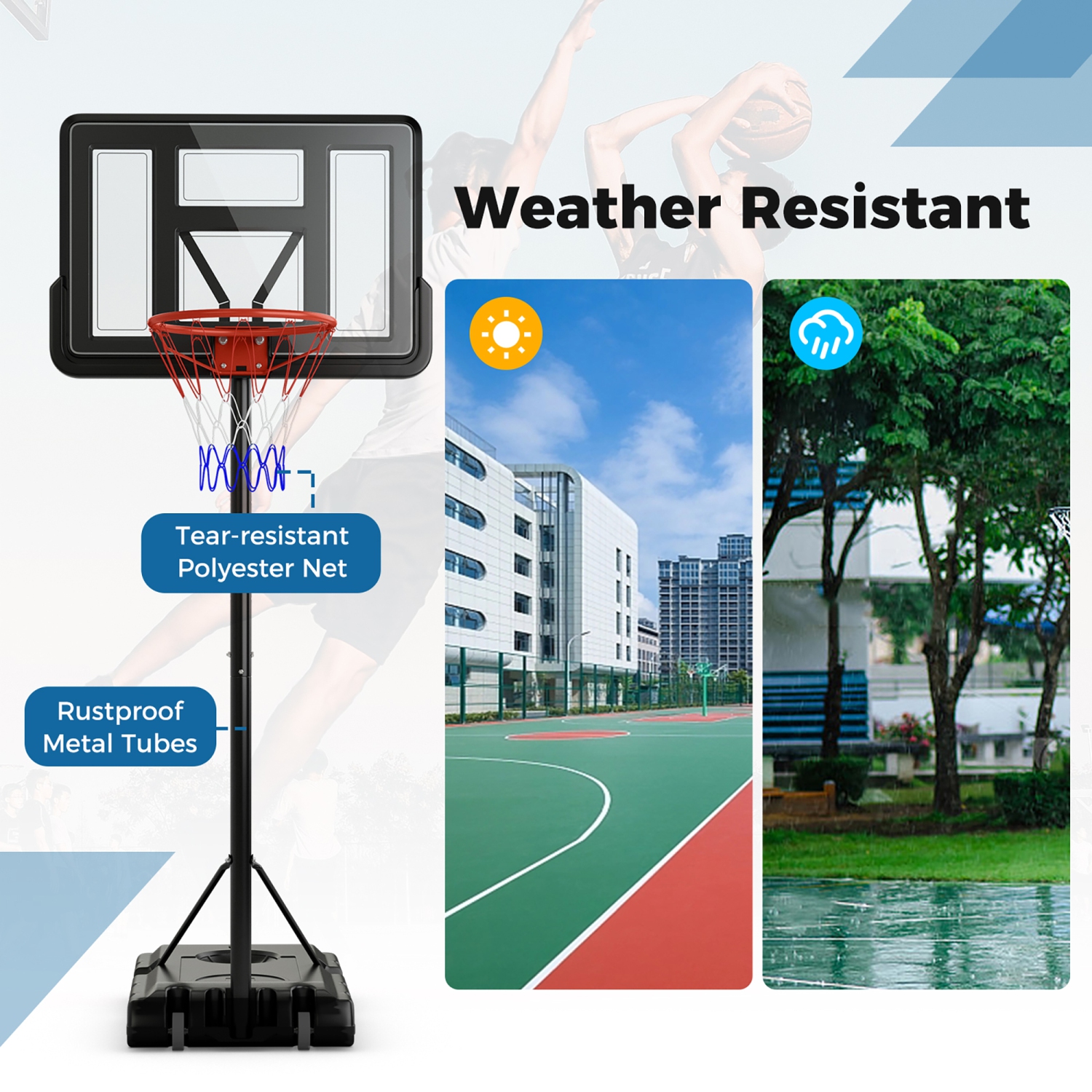 Gymax 4.4-10 FT Portable Basketball Hoop w/ 44'' Shatterproof Backboard Fillable Base