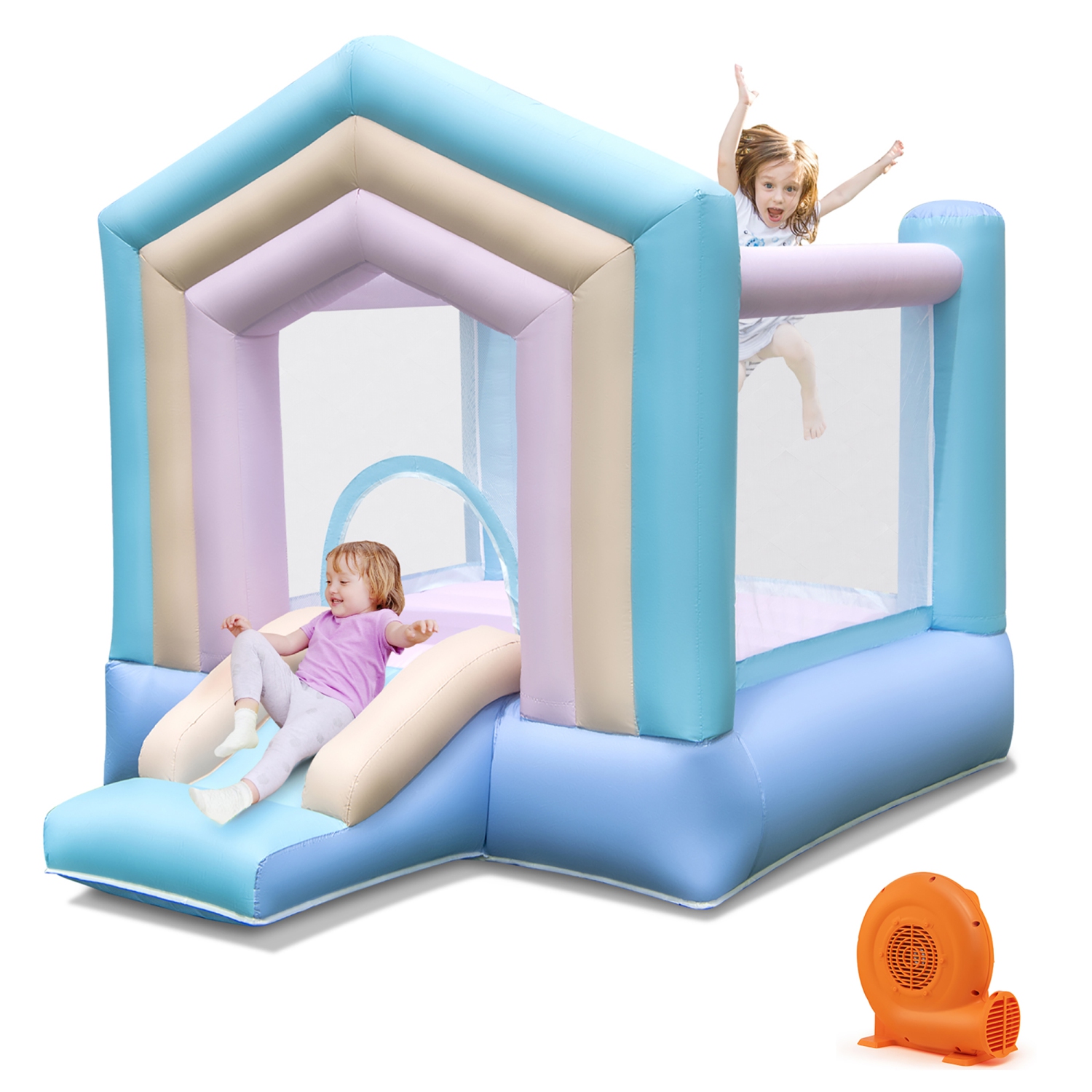 Gymax Kids Bounce House with Slide Basketball Rim Manual Pump 350W Blower Included