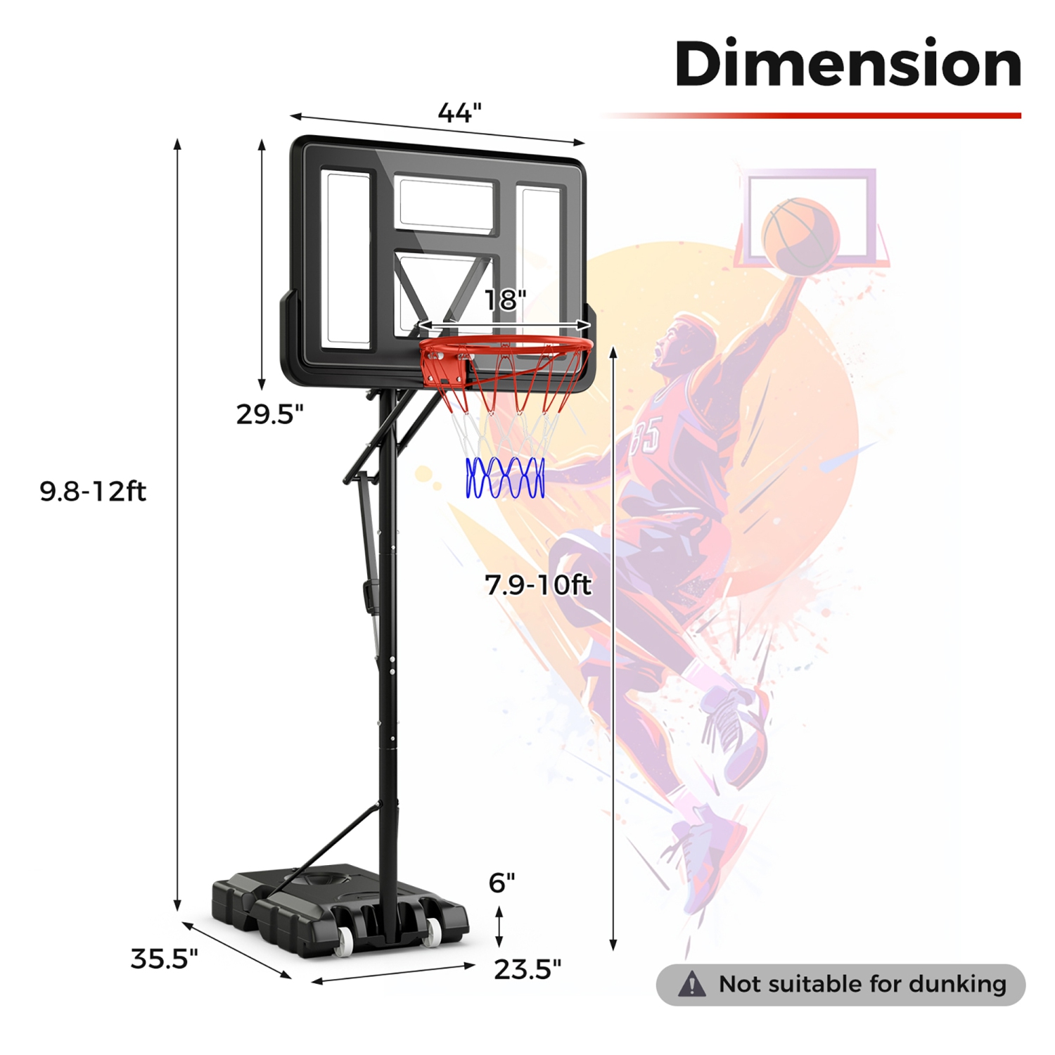Gymax Portable Basketball Hoop System w/ Easy Height Adjustment from 7.9-10 FT