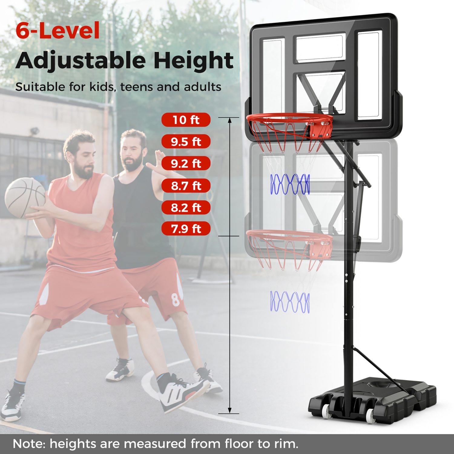 Gymax Portable Basketball Hoop System w/ Easy Height Adjustment from 7.9-10 FT
