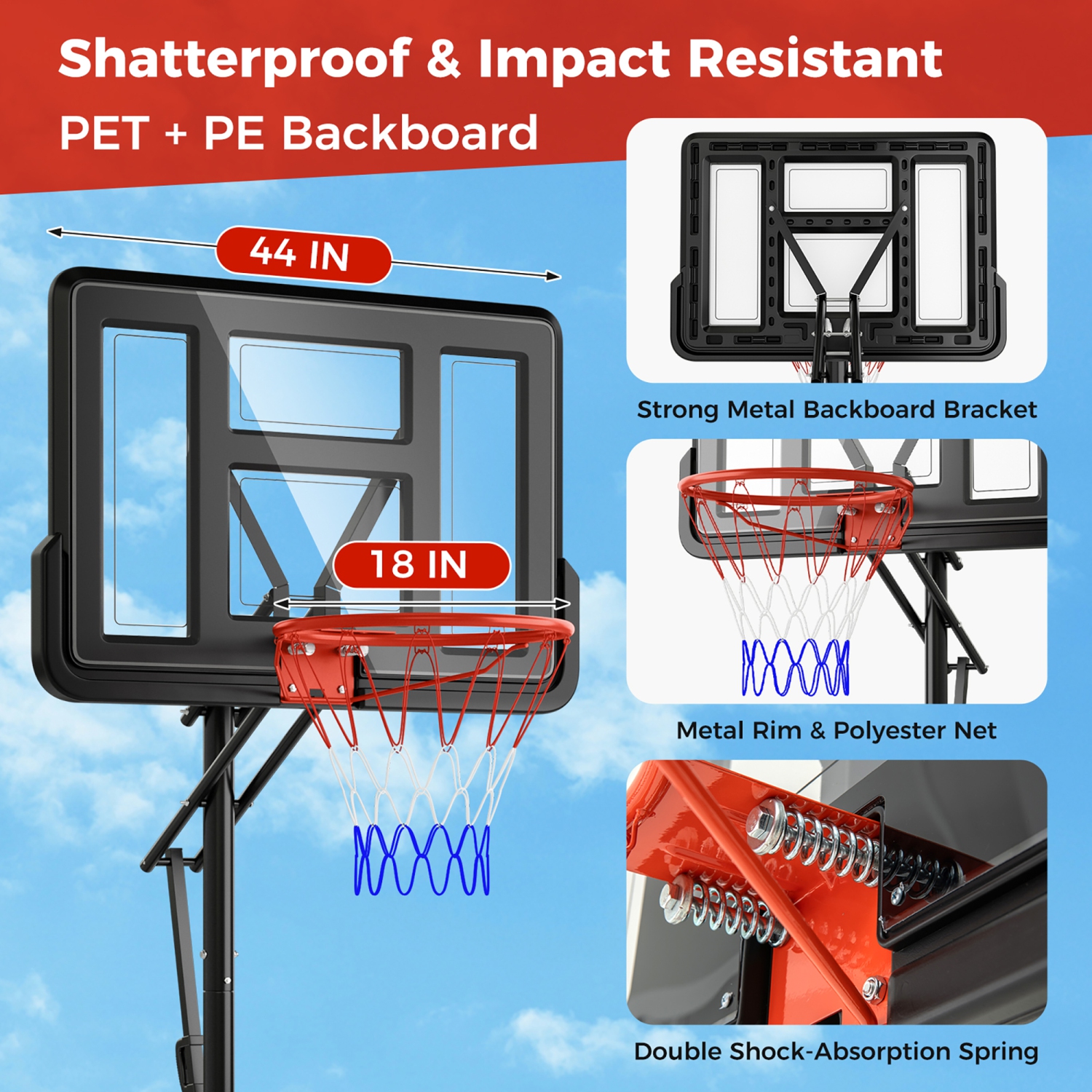 Gymax Portable Basketball Hoop System w/ Easy Height Adjustment from 7.9-10 FT