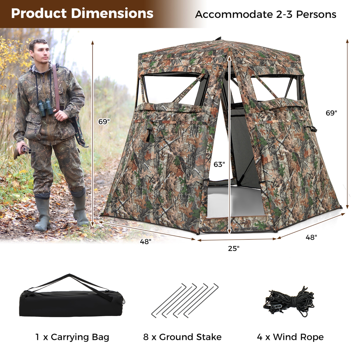 Gymax 3 in 1 Multifunctional Hunting Blind w/ Skylight Roof Cover Carrying Bag stakes