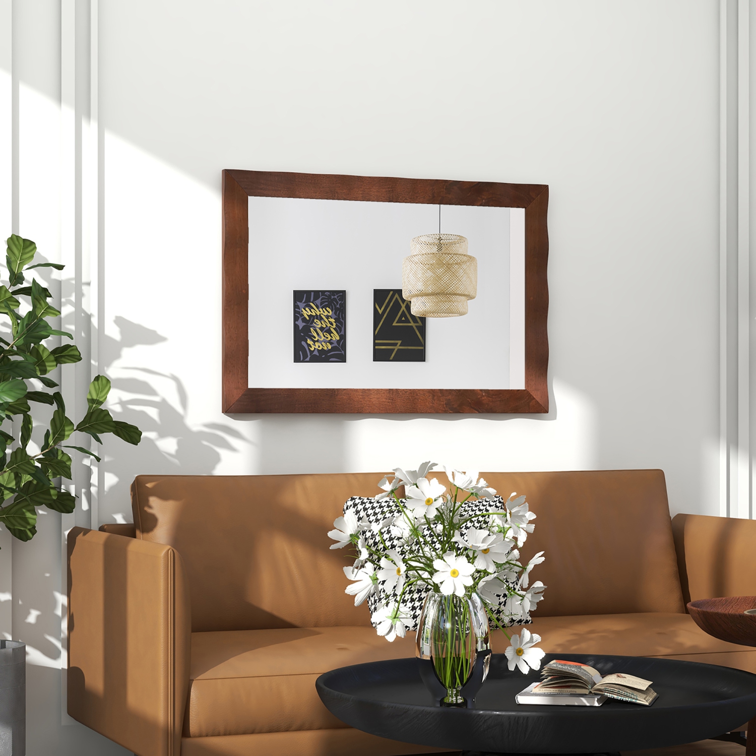 Gymax 42'' x 28'' Farmhouse Wall Mirror w/Solid Wood Frame Rubber Wood Rustic Style