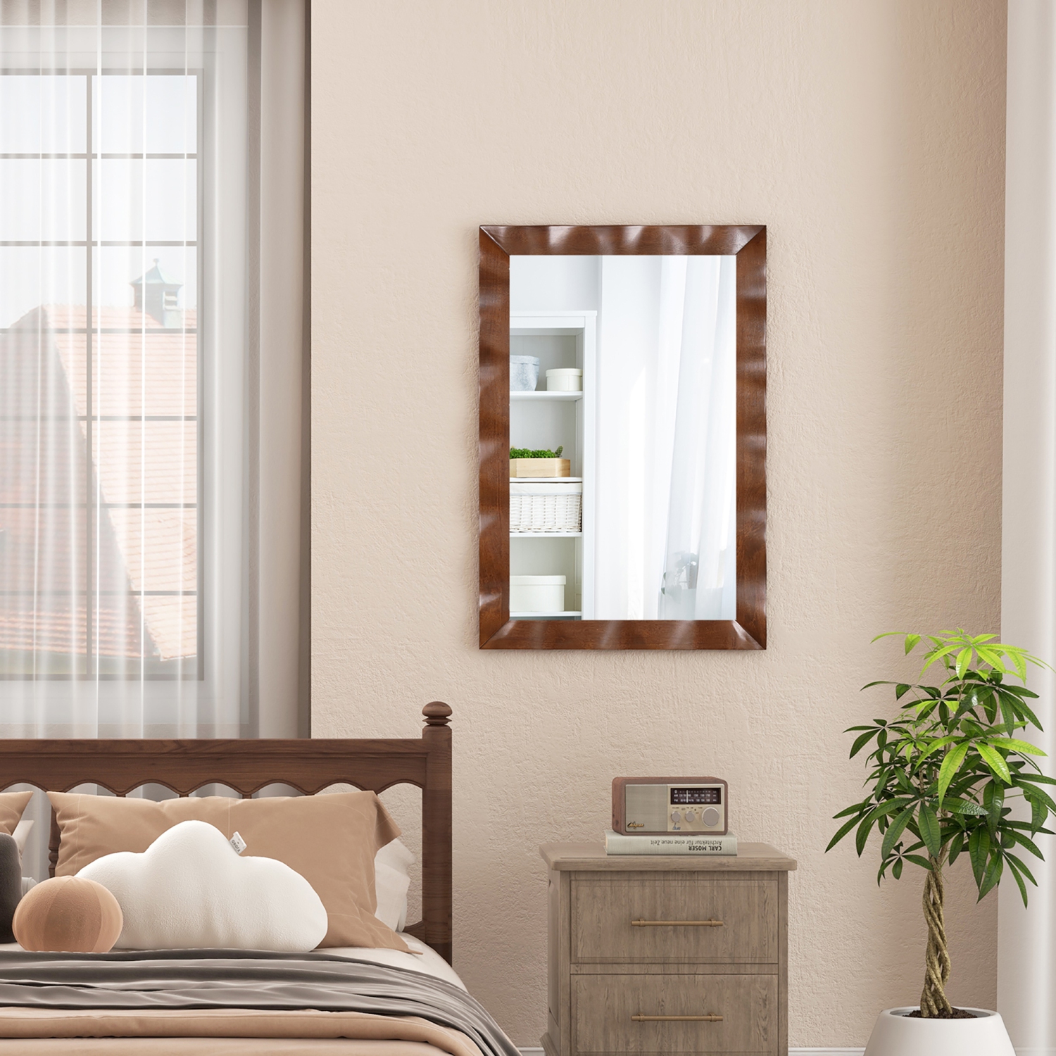 Gymax 42'' x 28'' Farmhouse Wall Mirror w/Solid Wood Frame Rubber Wood Rustic Style