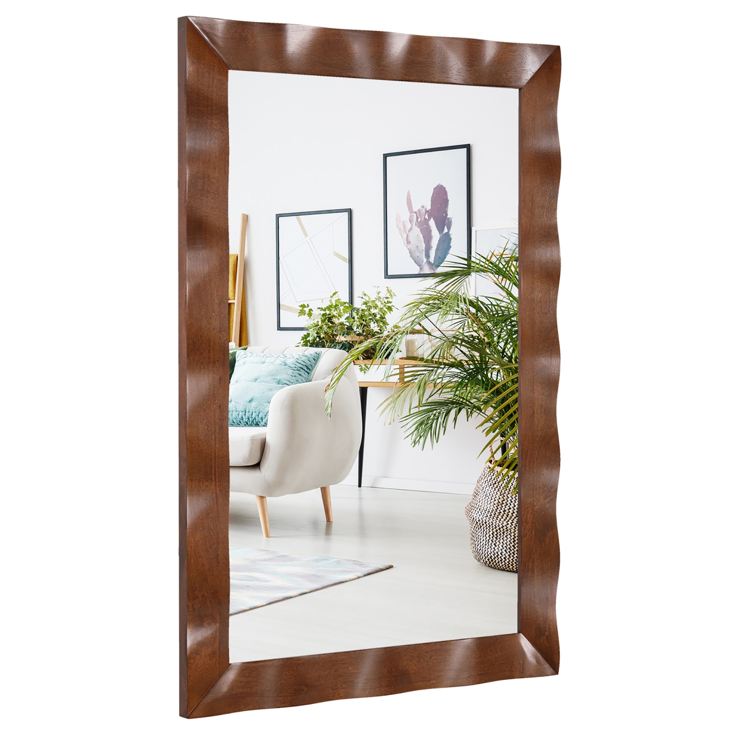 Gymax 42'' x 28'' Farmhouse Wall Mirror w/Solid Wood Frame Rubber Wood Rustic Style