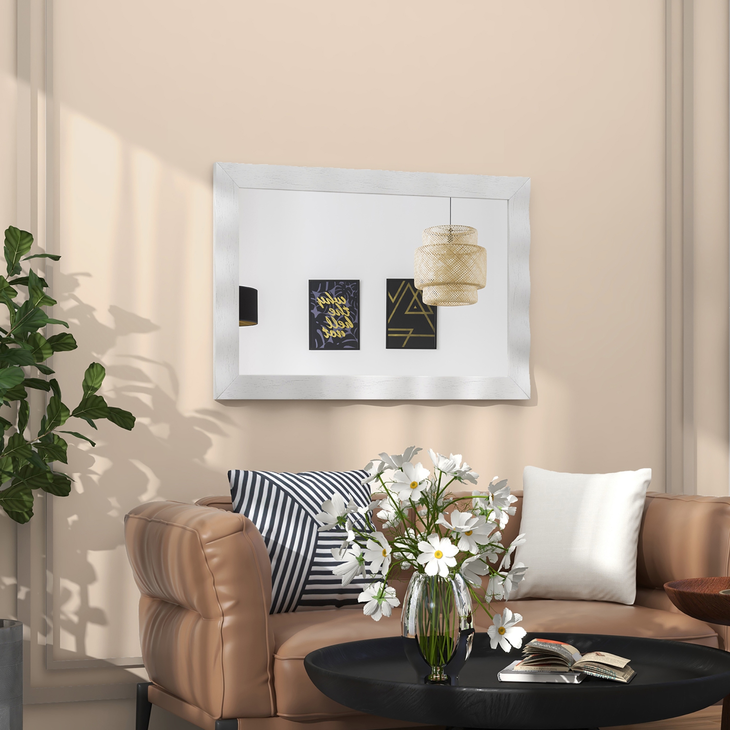 Gymax 42'' x 28'' Farmhouse Wall Mirror w/Solid Wood Frame Rubber Wood Rustic Style