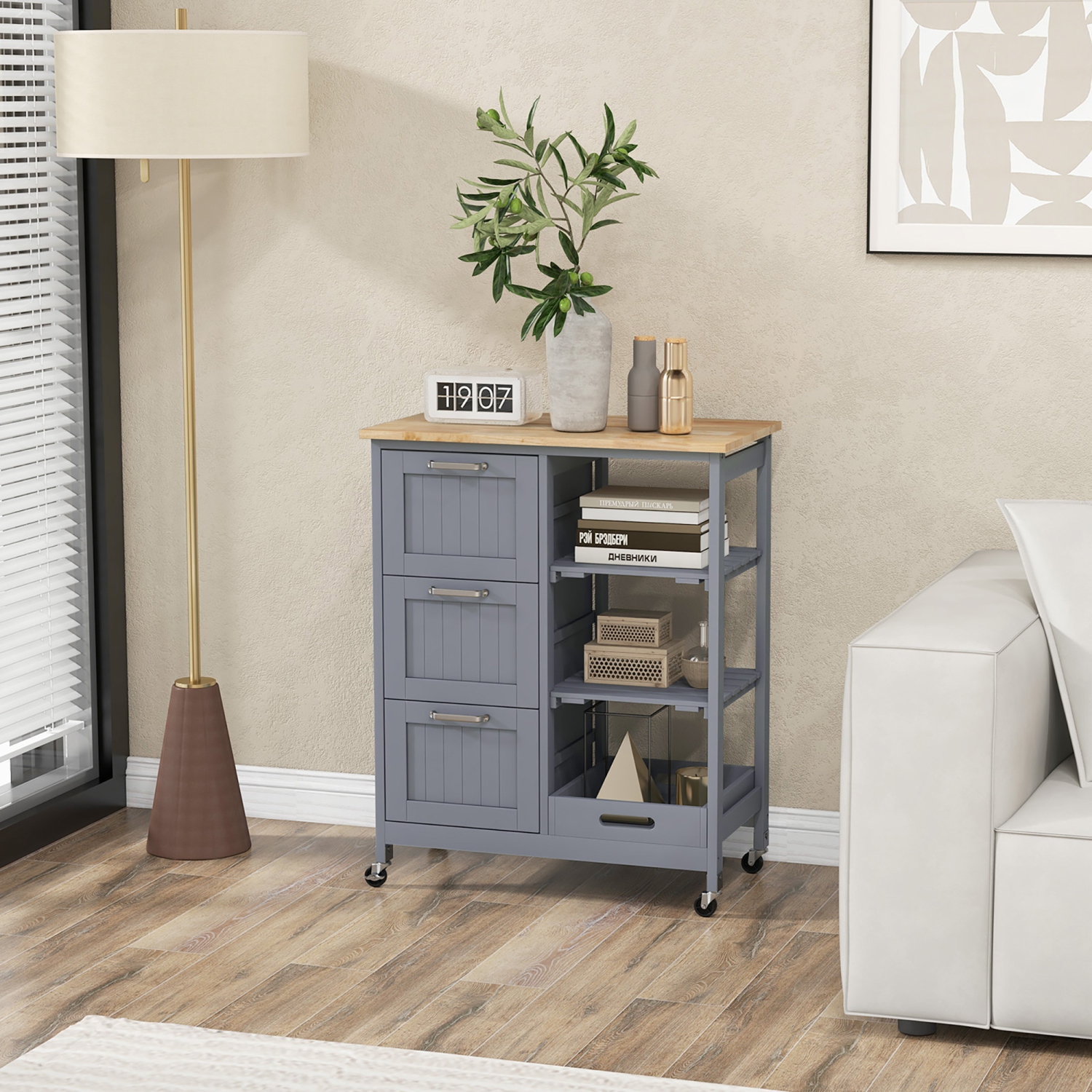 Gymax Rolling Kitchen Island Utility Storage Cart w/ 3 Storage Drawers & Shelves Grey