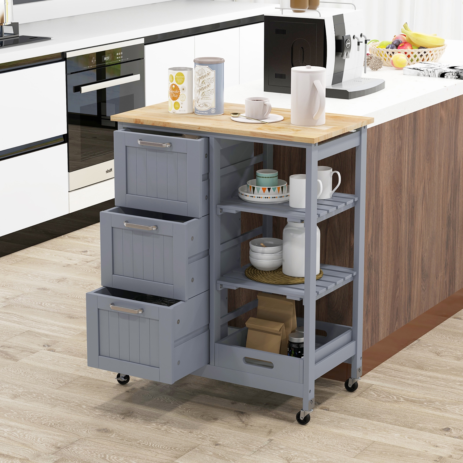 Gymax Rolling Kitchen Island Utility Storage Cart w/ 3 Storage Drawers & Shelves Grey