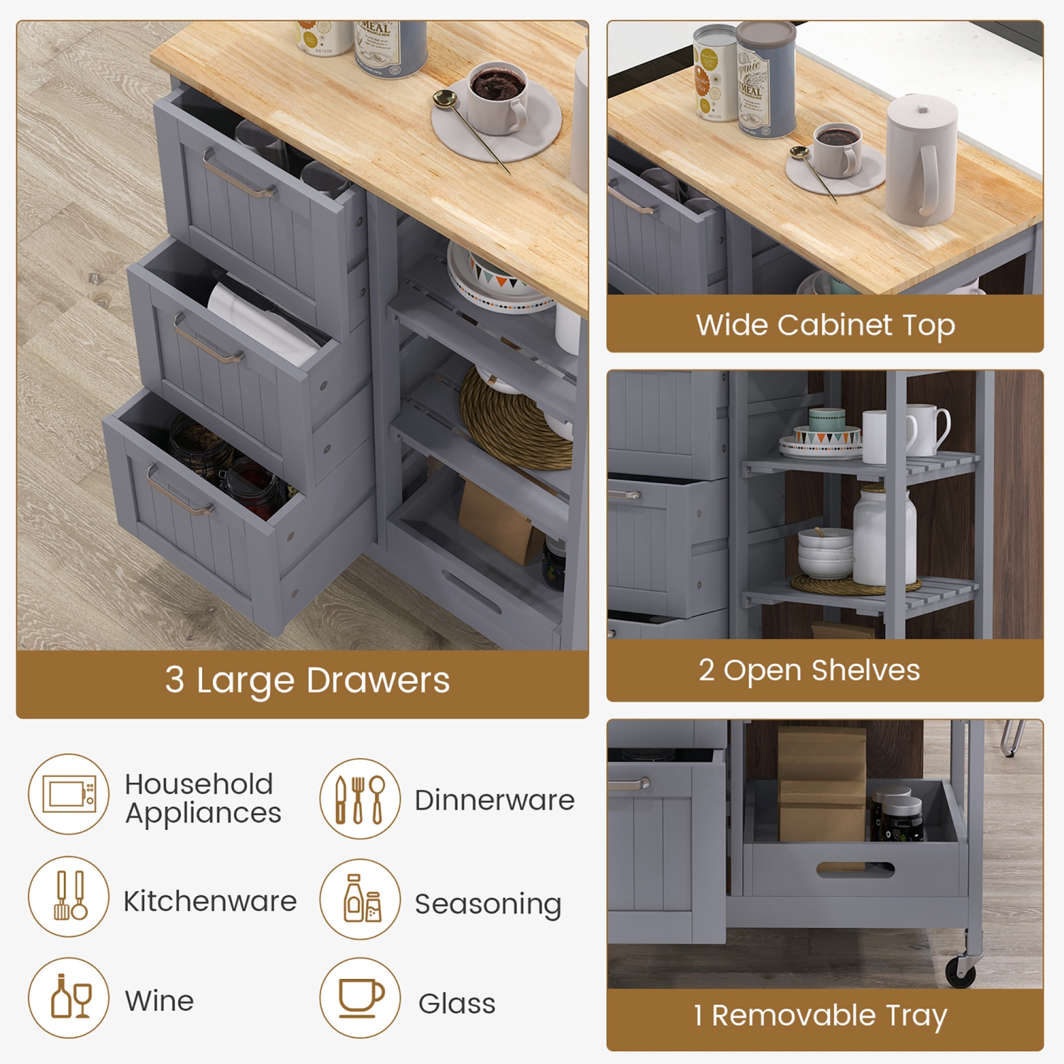Gymax Rolling Kitchen Island Utility Storage Cart w/ 3 Storage Drawers & Shelves Grey