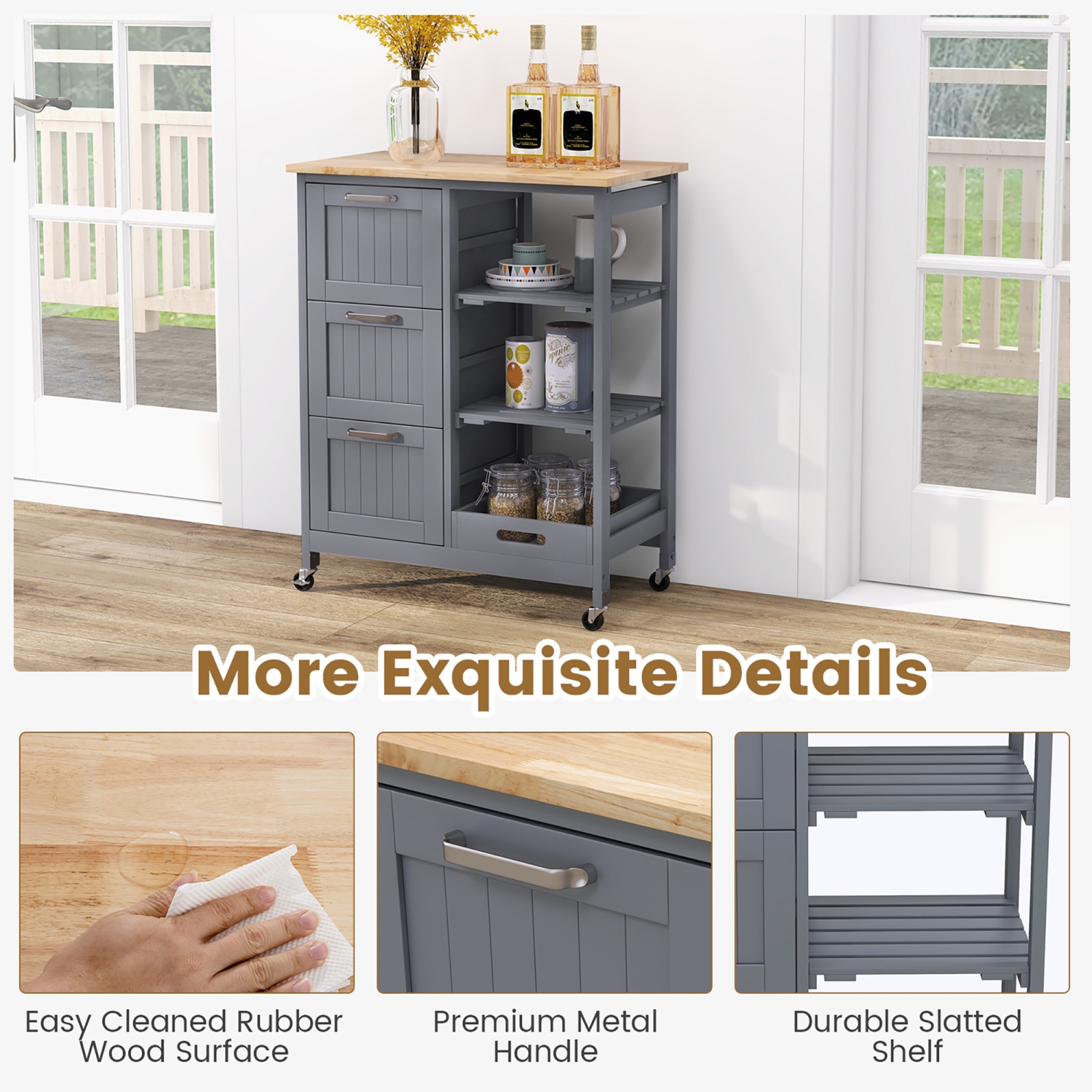 Gymax Rolling Kitchen Island Utility Storage Cart w/ 3 Storage Drawers & Shelves Grey