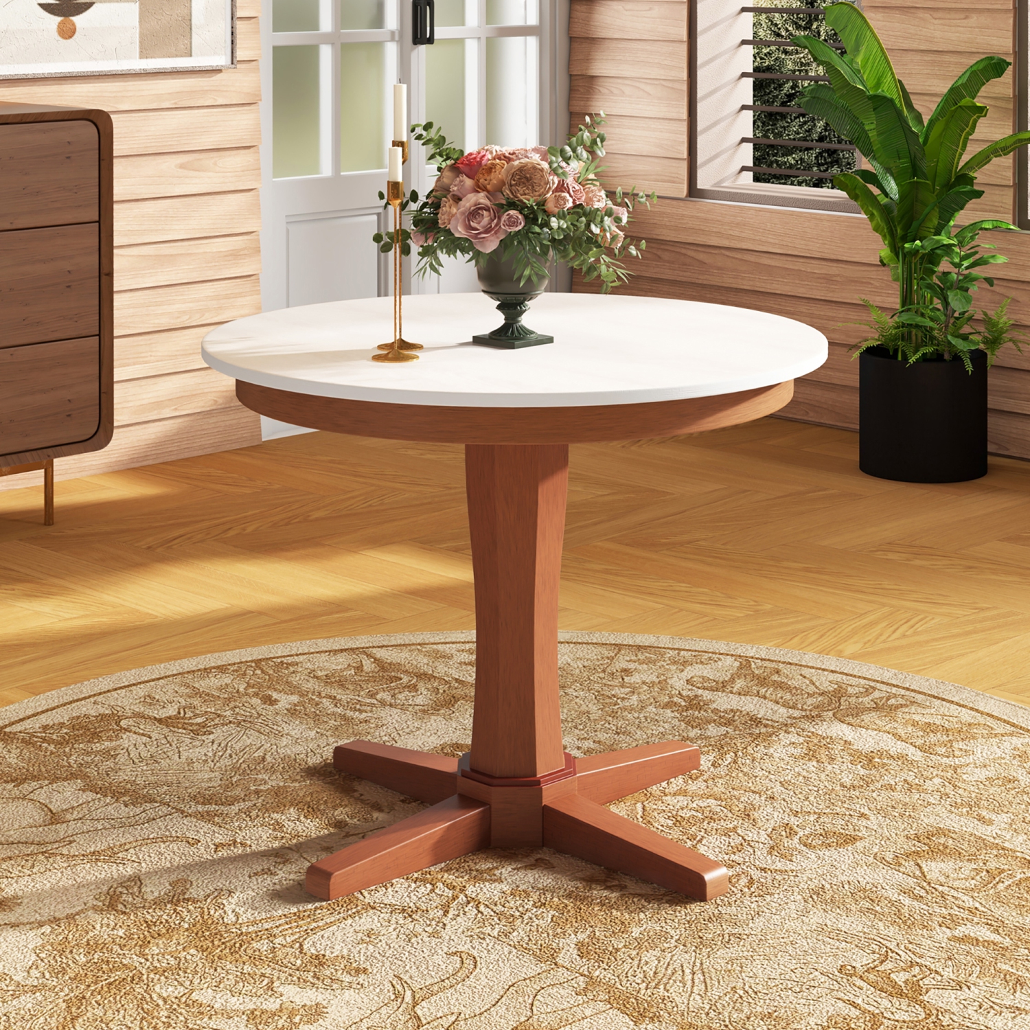 Gymax 36'' Round Dining Table for 4 People w/ Pedestal Base Solid Rubber Wood Frame