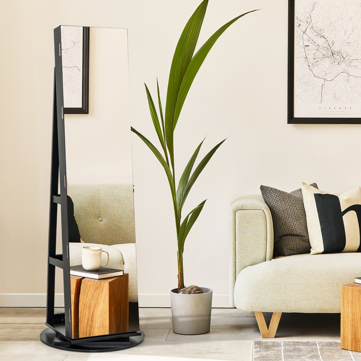 Gymax 360° Rotating Mirrored Jewelry Cabinet Armoire 3 Color LED Modes Lockable Black