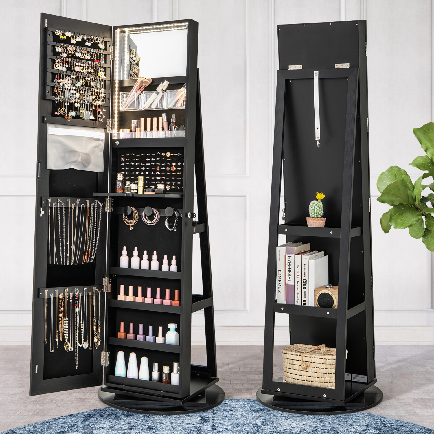 Gymax 360° Rotating Mirrored Jewelry Cabinet Armoire 3 Color LED Modes Lockable Black