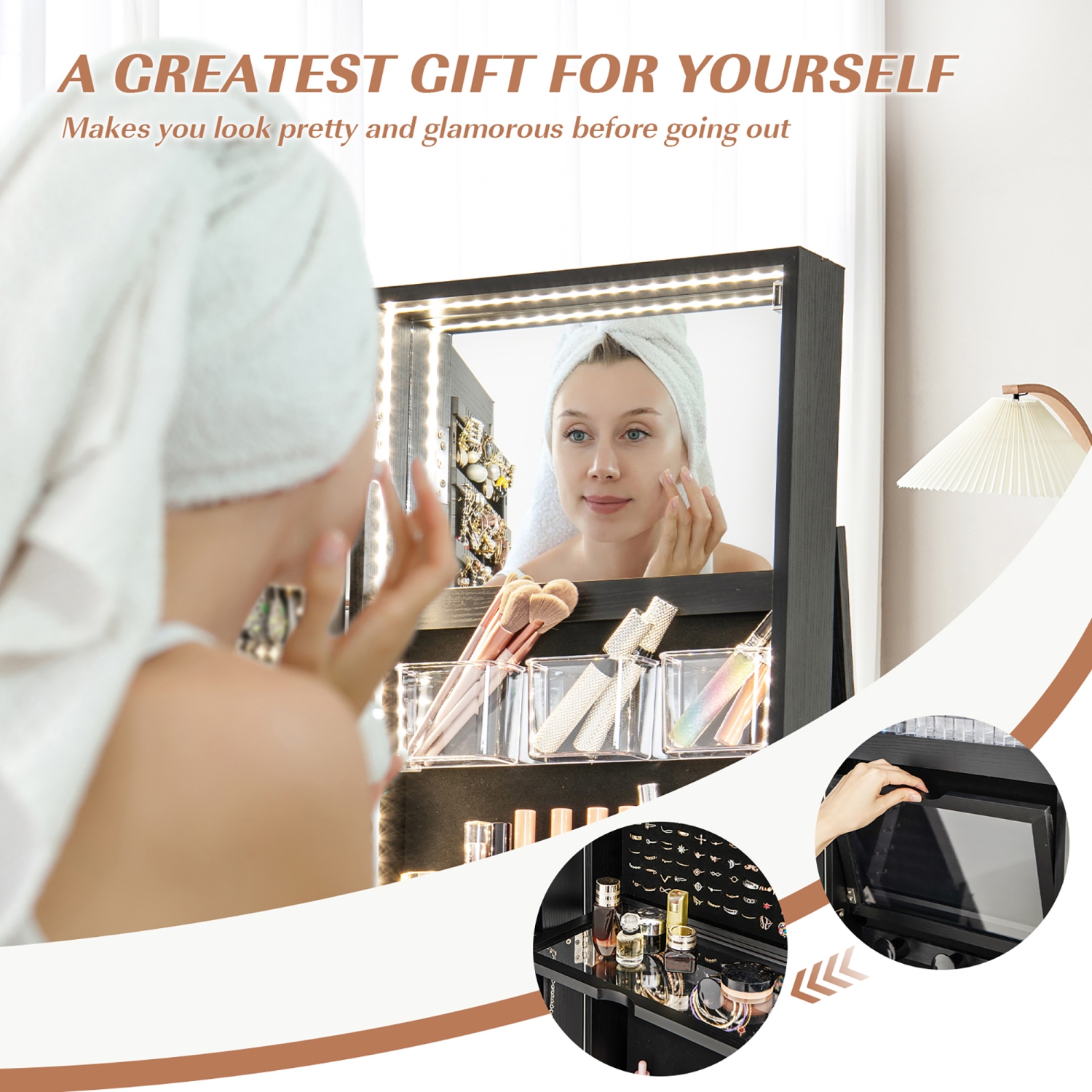 Gymax 360° Rotating Mirrored Jewelry Cabinet Armoire 3 Color LED Modes Lockable Black