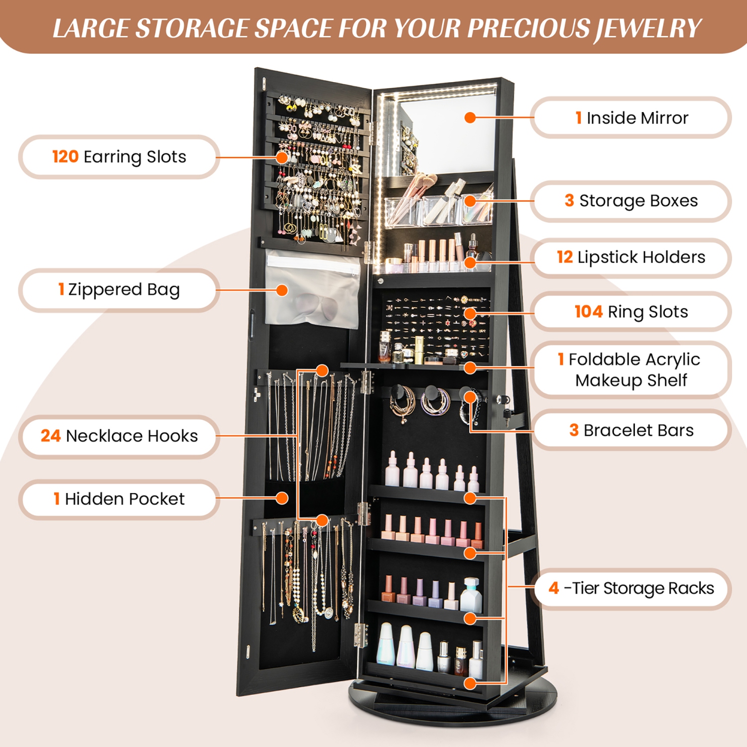 Gymax 360° Rotating Mirrored Jewelry Cabinet Armoire 3 Color LED Modes Lockable Black