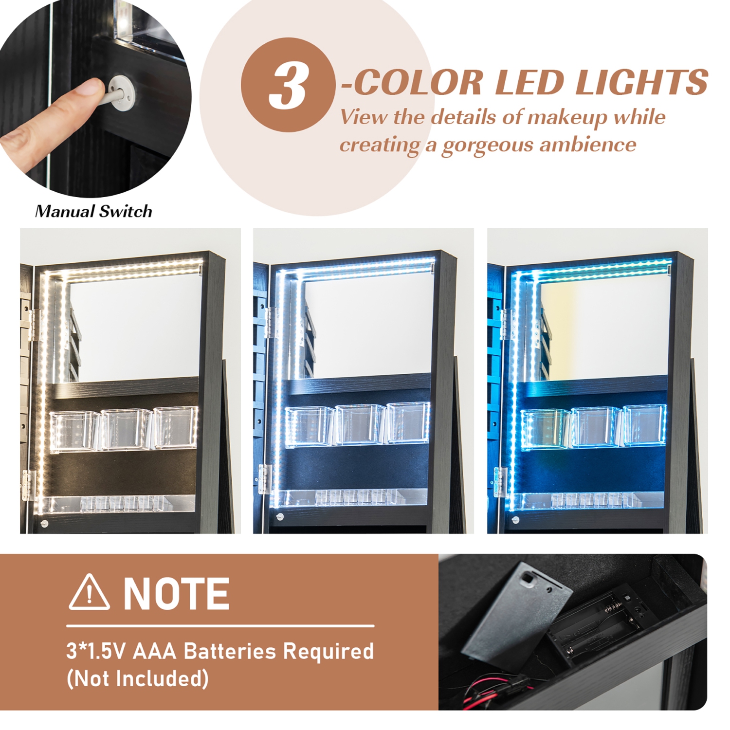 Gymax 360° Rotating Mirrored Jewelry Cabinet Armoire 3 Color LED Modes Lockable Black