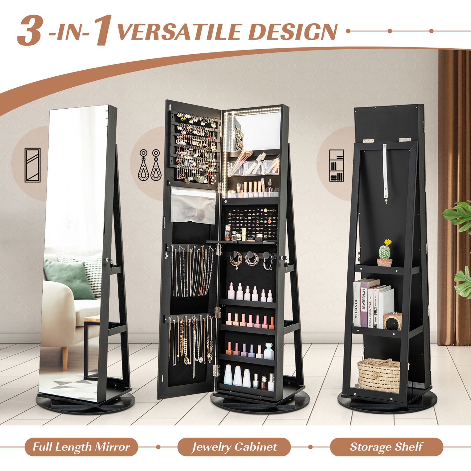 Gymax 360° Rotating Mirrored Jewelry Cabinet Armoire 3 Color LED Modes Lockable Black
