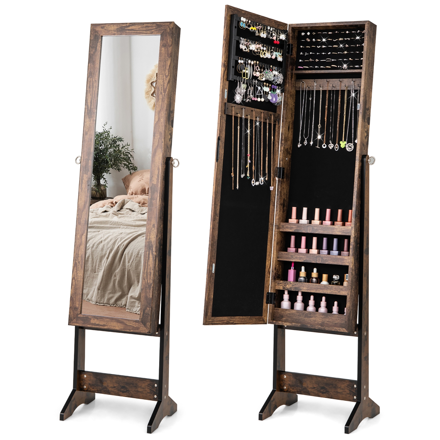 Gymax Jewelry Mirrored Cabinet Armoire Organizer Storage Box w/ Stand Christmas Gift