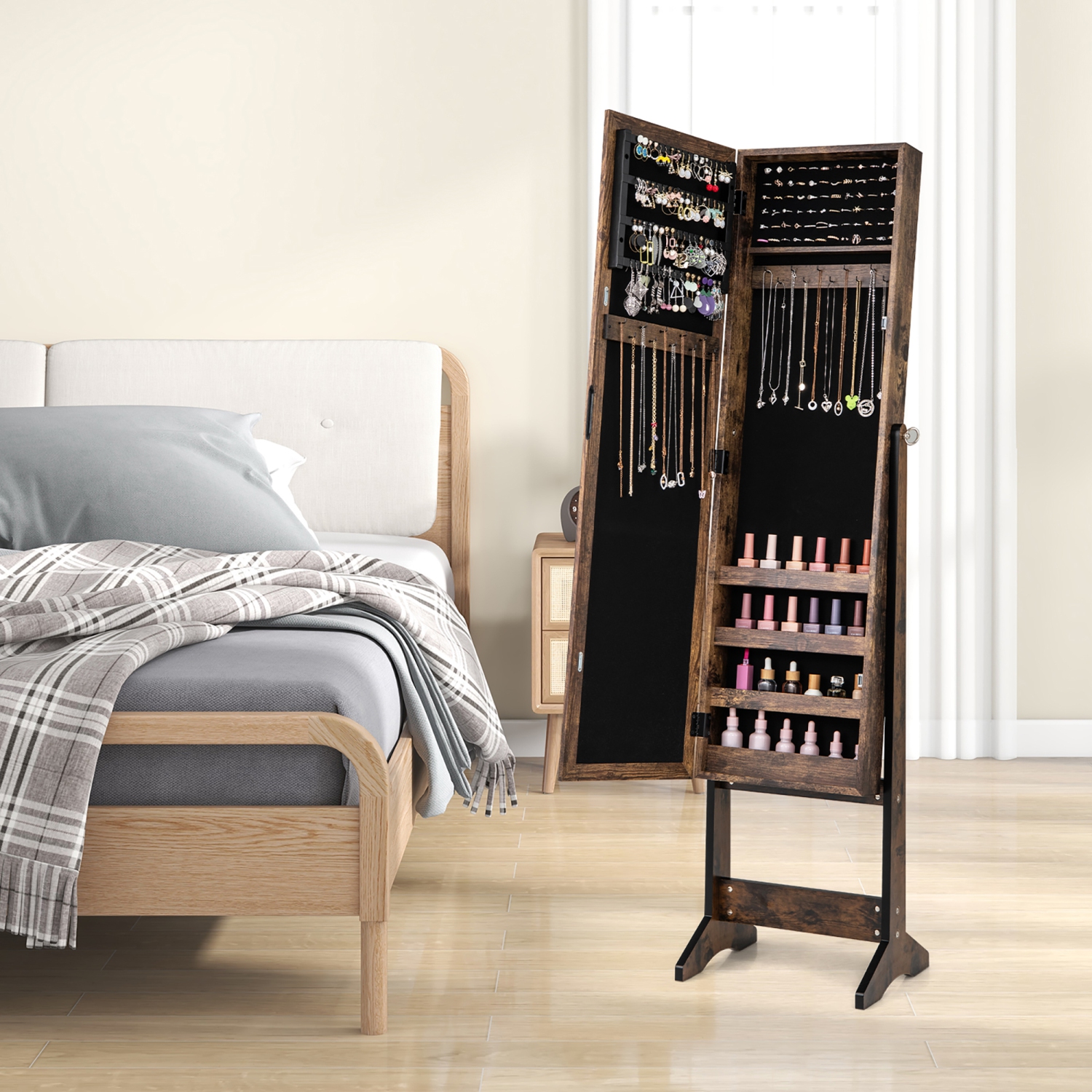 Gymax Jewelry Mirrored Cabinet Armoire Organizer Storage Box w/ Stand Christmas Gift