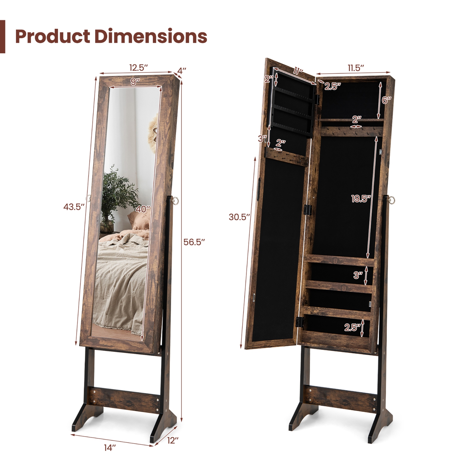 Gymax Jewelry Mirrored Cabinet Armoire Organizer Storage Box w/ Stand Christmas Gift