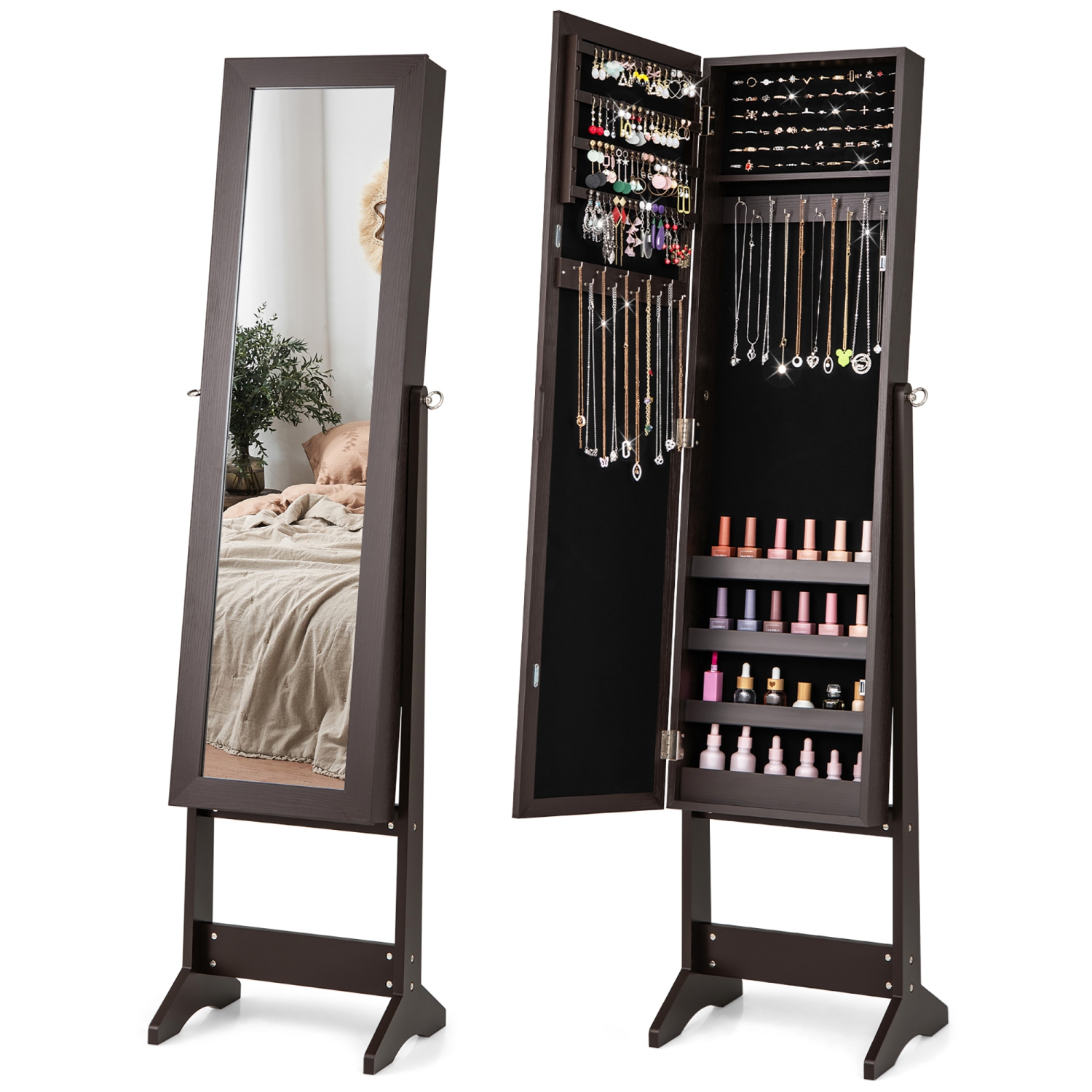 Gymax Jewelry Mirrored Cabinet Armoire Organizer Storage Box w/ Stand Christmas Gift
