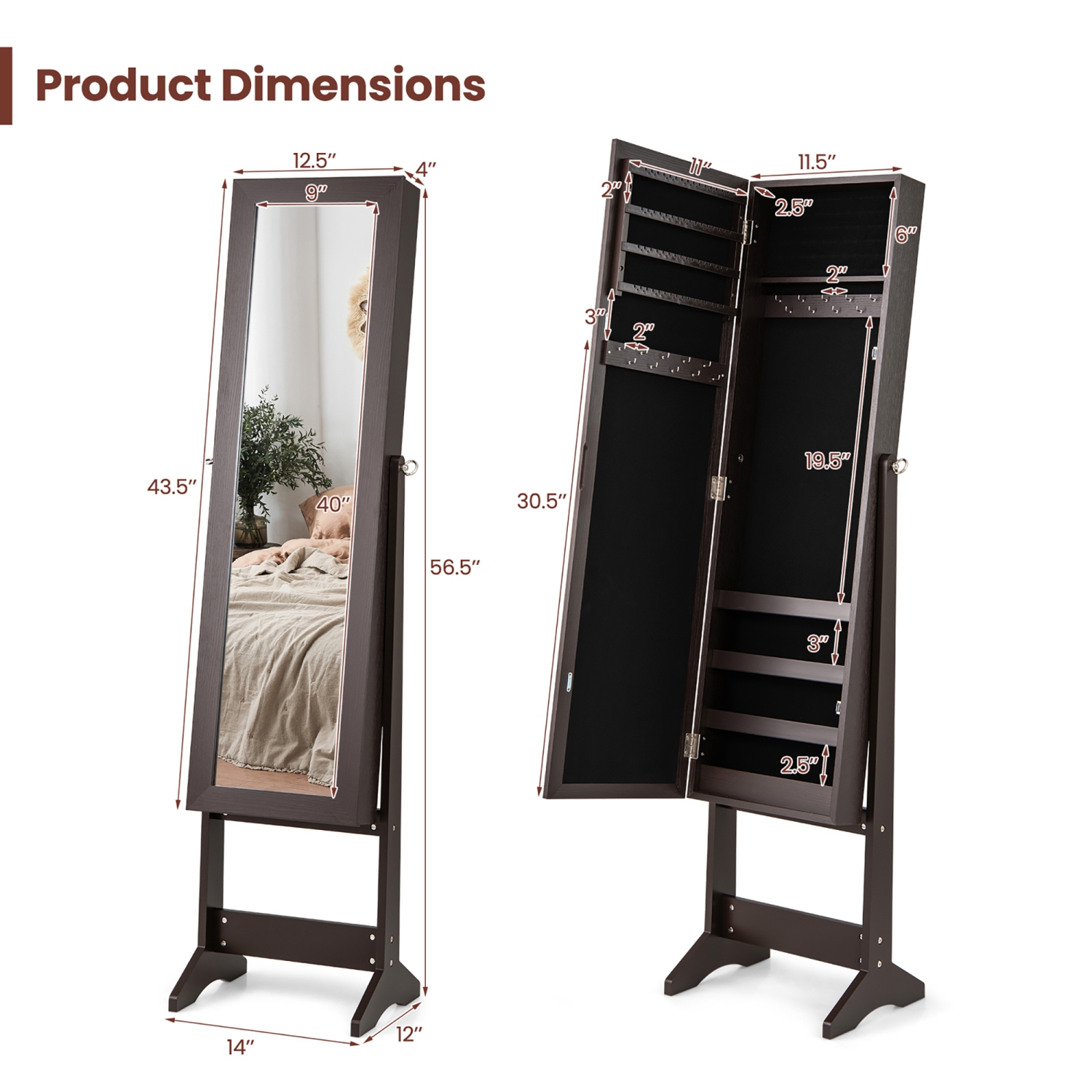 Gymax Jewelry Mirrored Cabinet Armoire Organizer Storage Box w/ Stand Christmas Gift