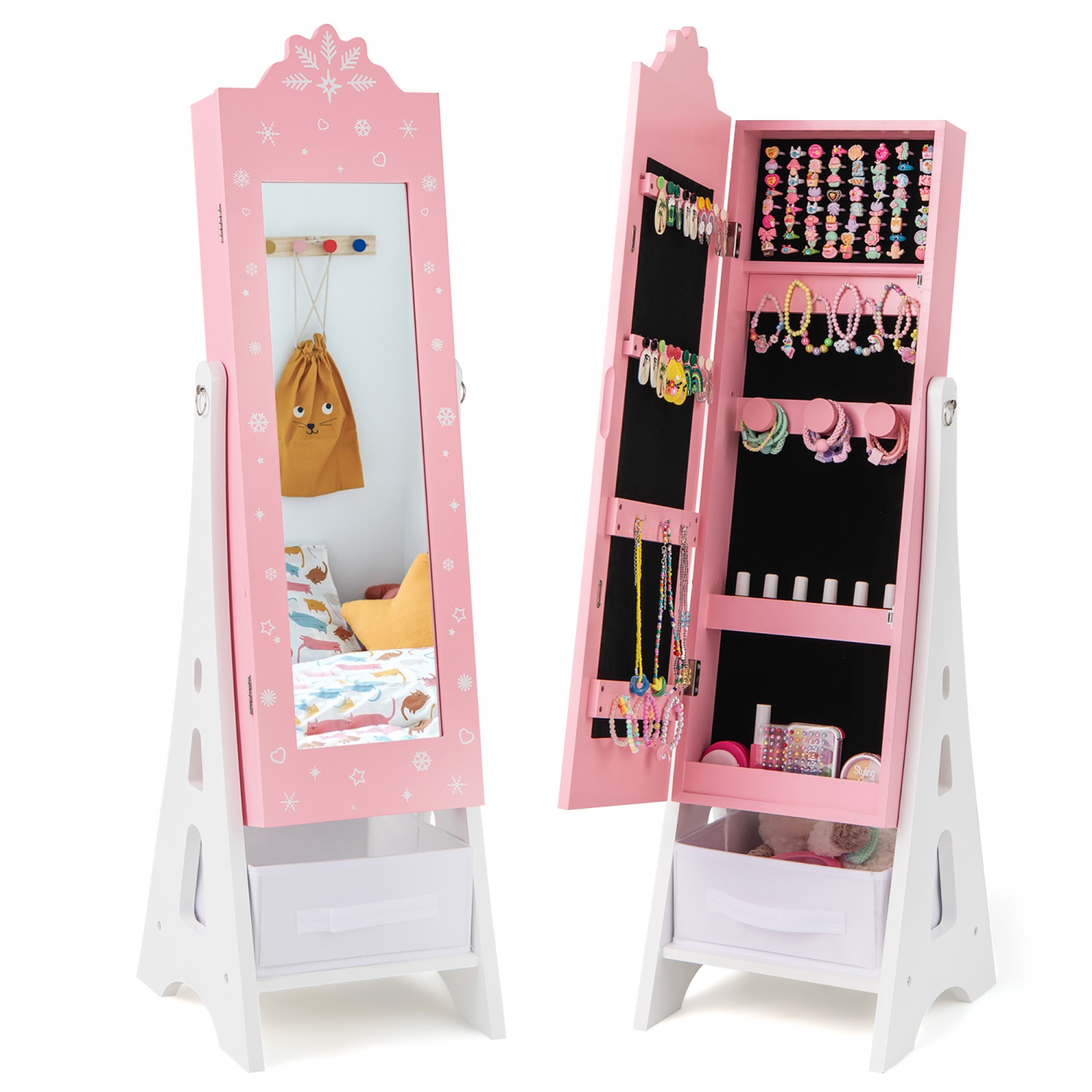 Gymax Kids Jewelry Cabinet with Full-Length Mirror Drawer 2 Adjustable Tilt Angles