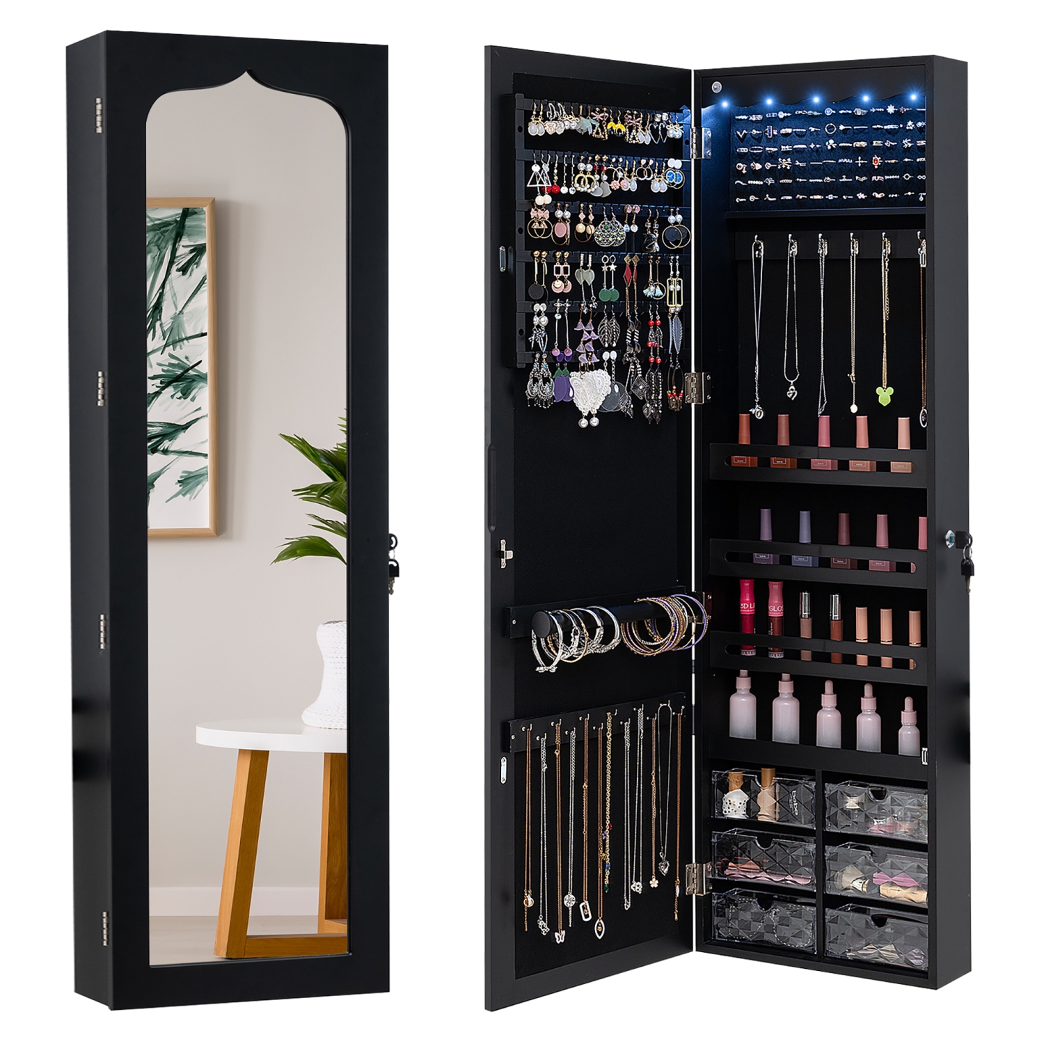 Gymax Jewelry Armoire w/ Full-Length Mirror w/ Built-in LED Lights Hooks Shelves