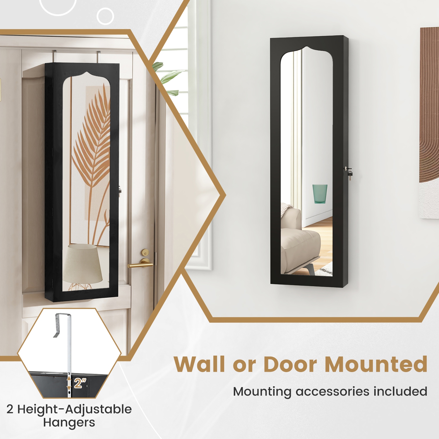 Gymax Jewelry Armoire w/ Full-Length Mirror w/ Built-in LED Lights Hooks Shelves