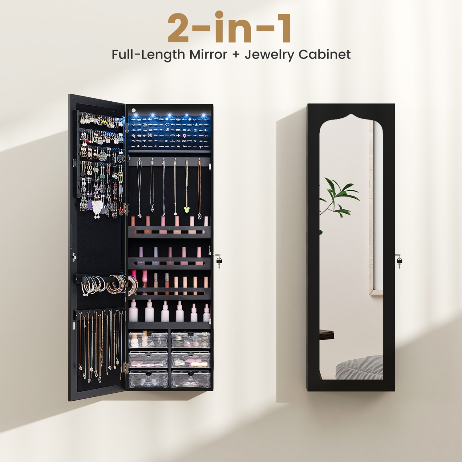 Gymax Jewelry Armoire w/ Full-Length Mirror w/ Built-in LED Lights Hooks Shelves