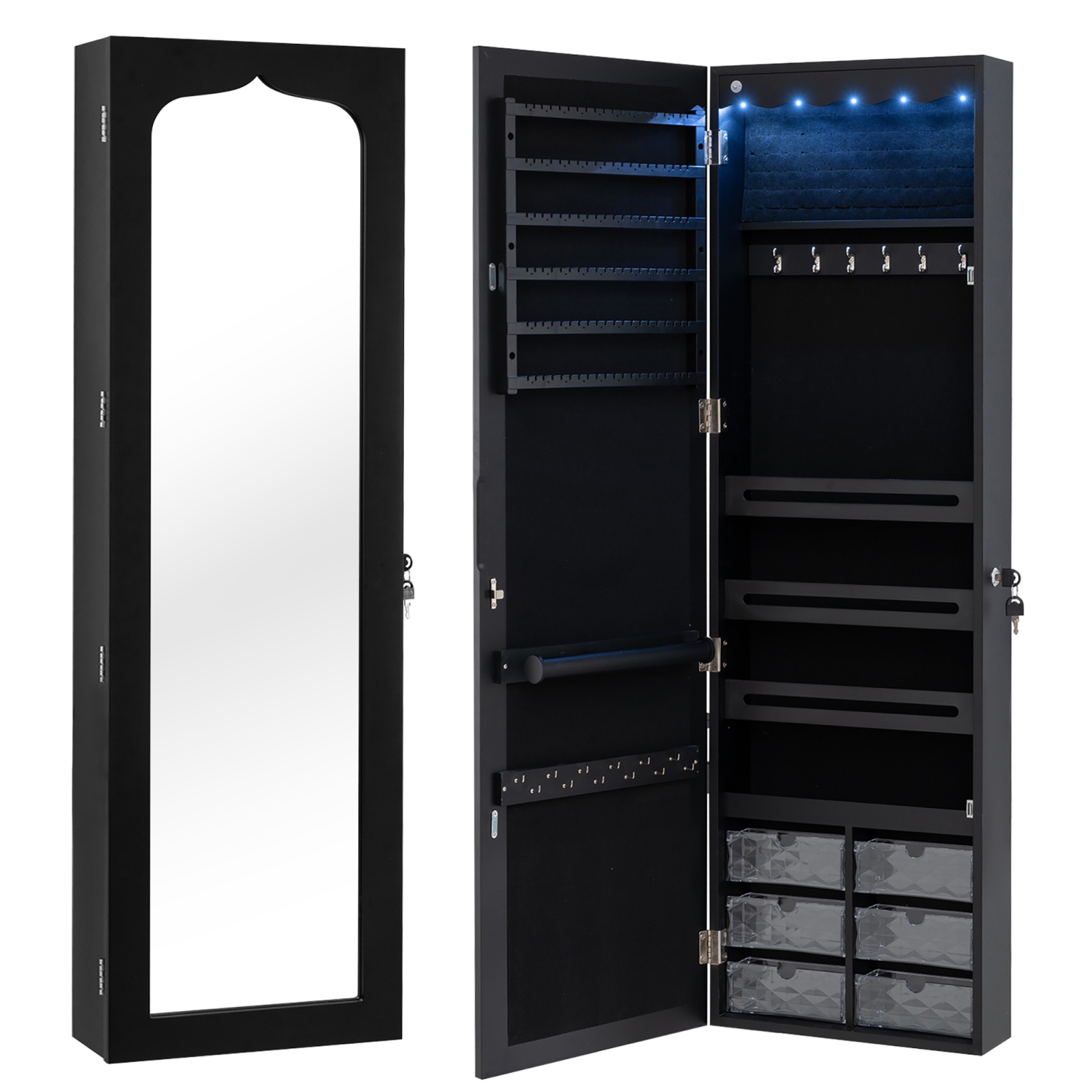 Gymax Jewelry Armoire w/ Full-Length Mirror w/ Built-in LED Lights Hooks Shelves