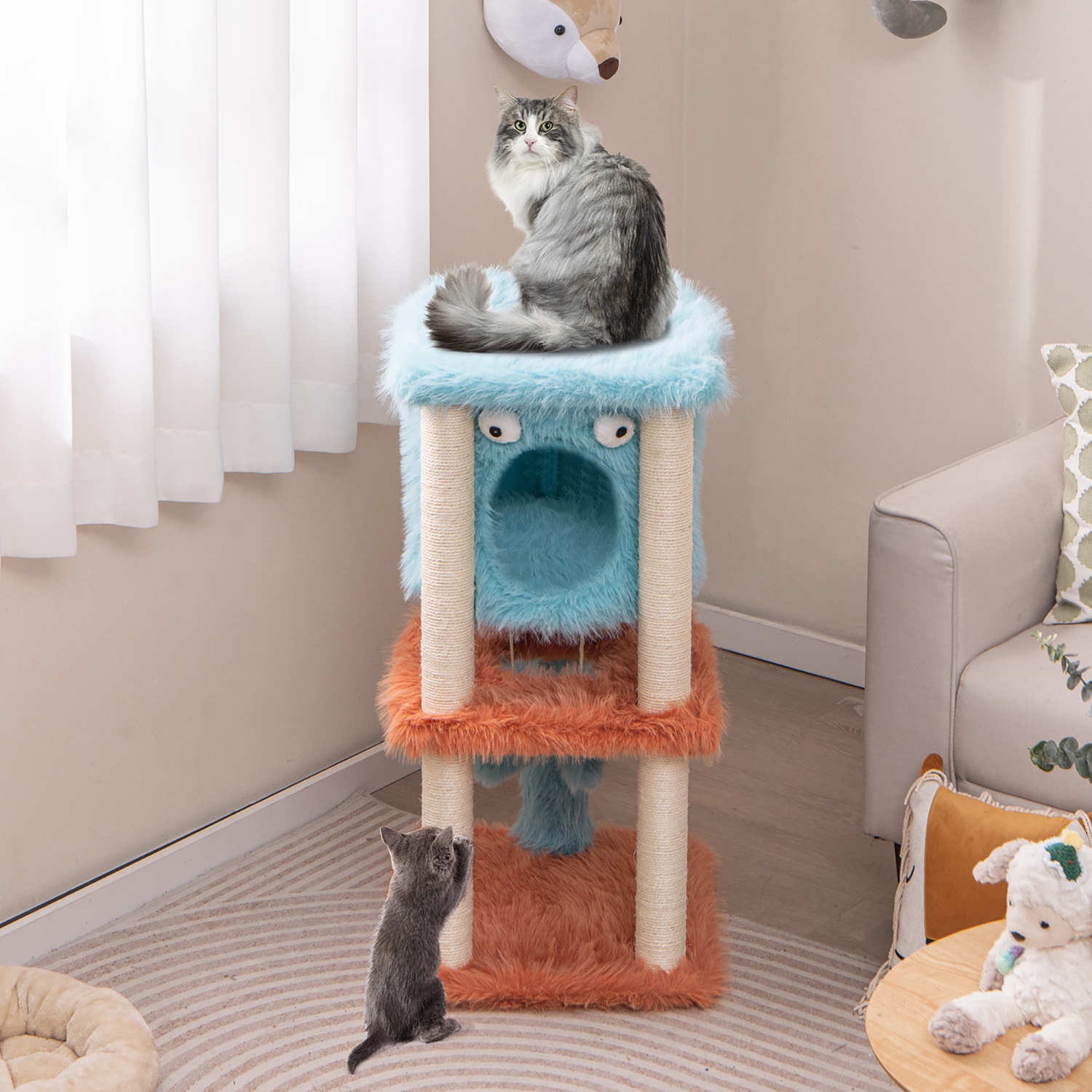 Gymax Monster-Themed Cat Tree w/ Private Condo Soft Long Plush Sisal Scratching Posts